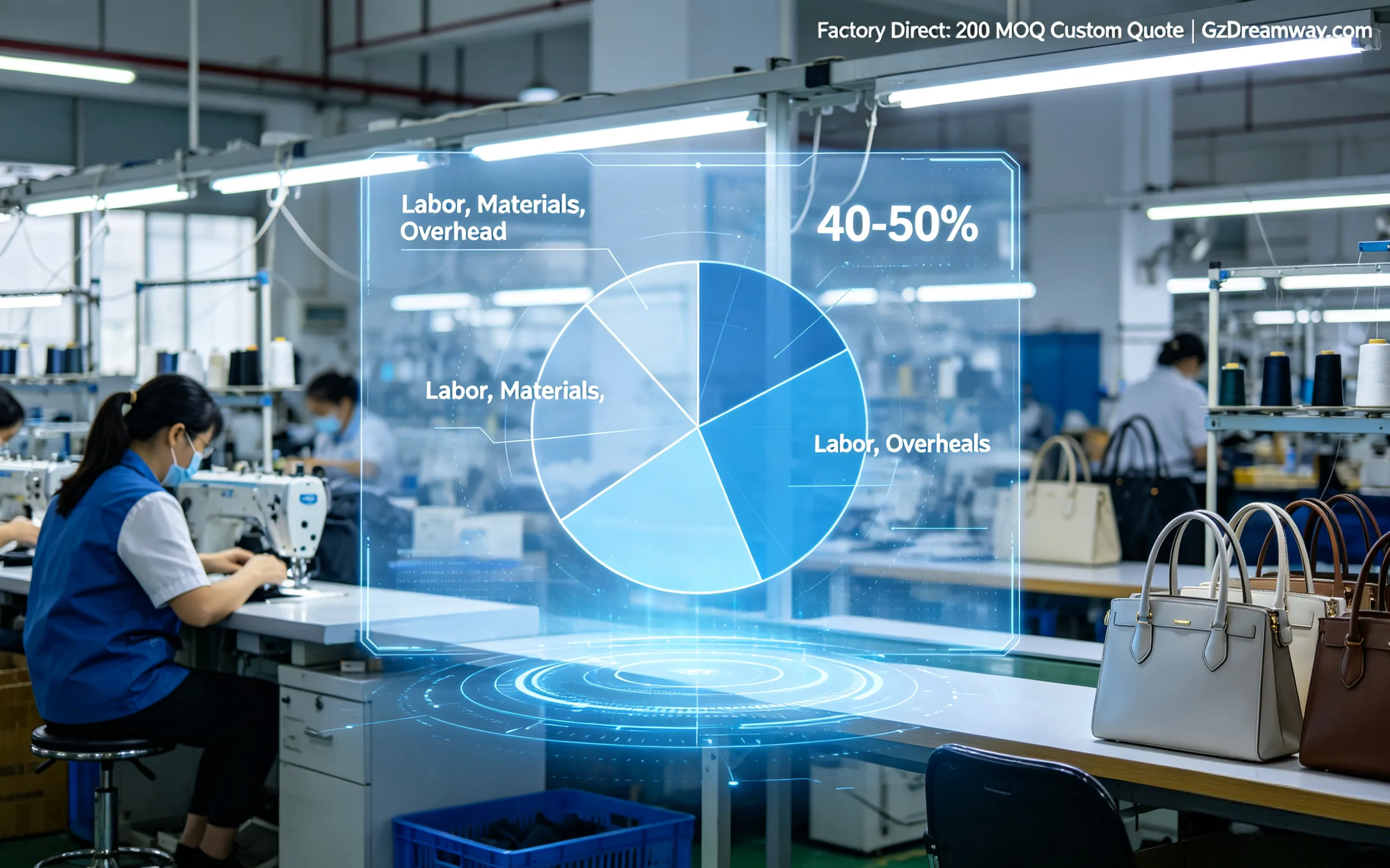 Manufacturing cost breakdown visualization showing labor, materials, and overhead expenses for leather bag production