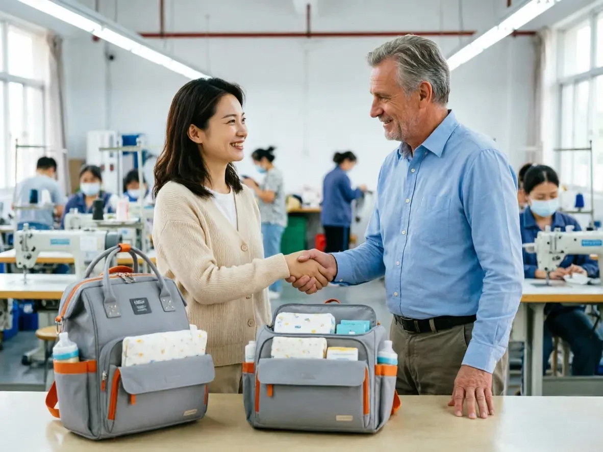 Factory representative shaking hands with brand owner, confirming diaper bag partnership