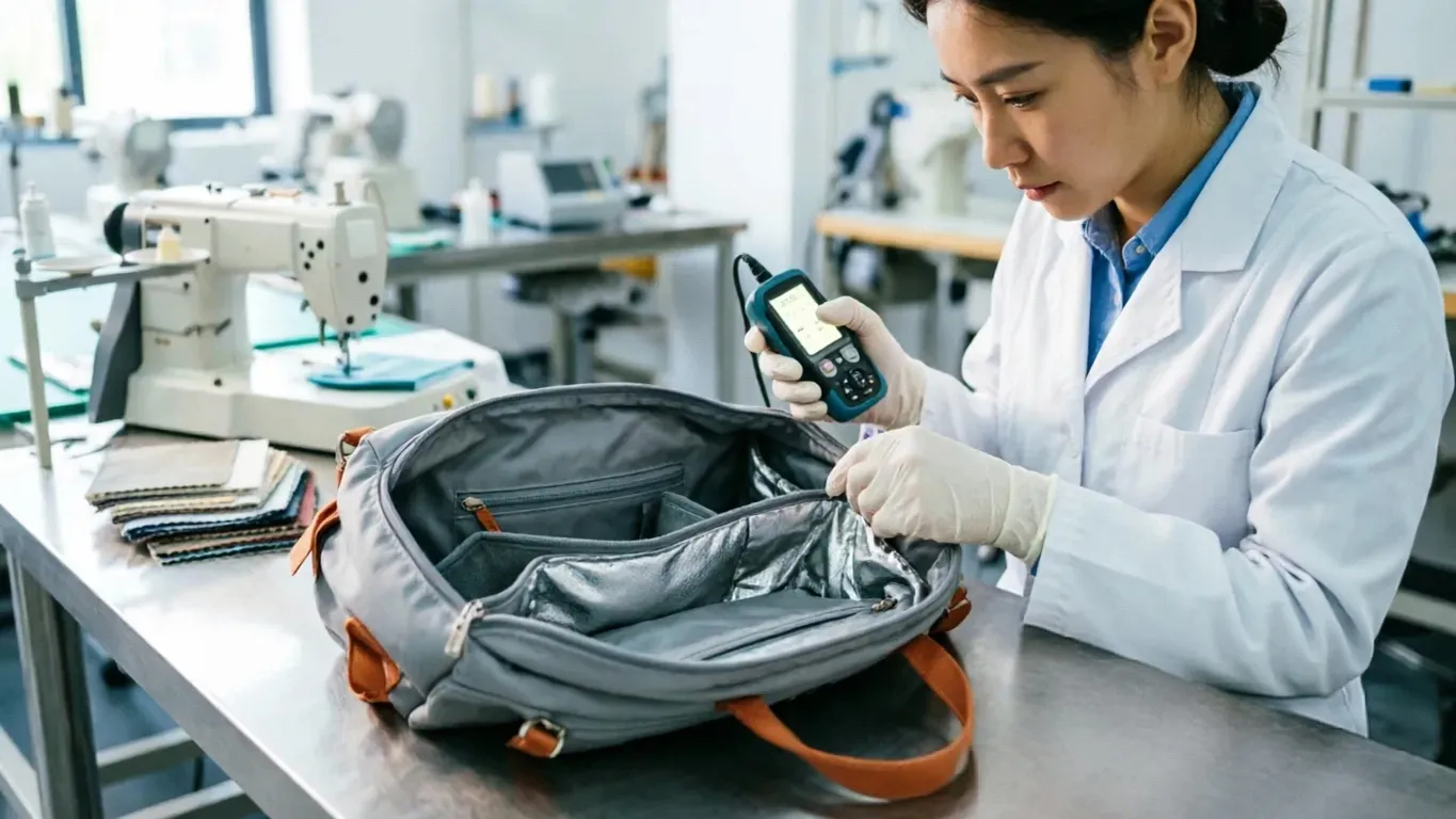 Quality control inspector checking diaper bag materials for safety compliance