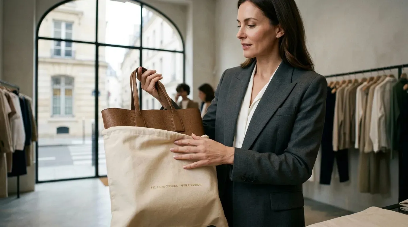 Sustainable packaging B2B sourcing in Paris boutique setting