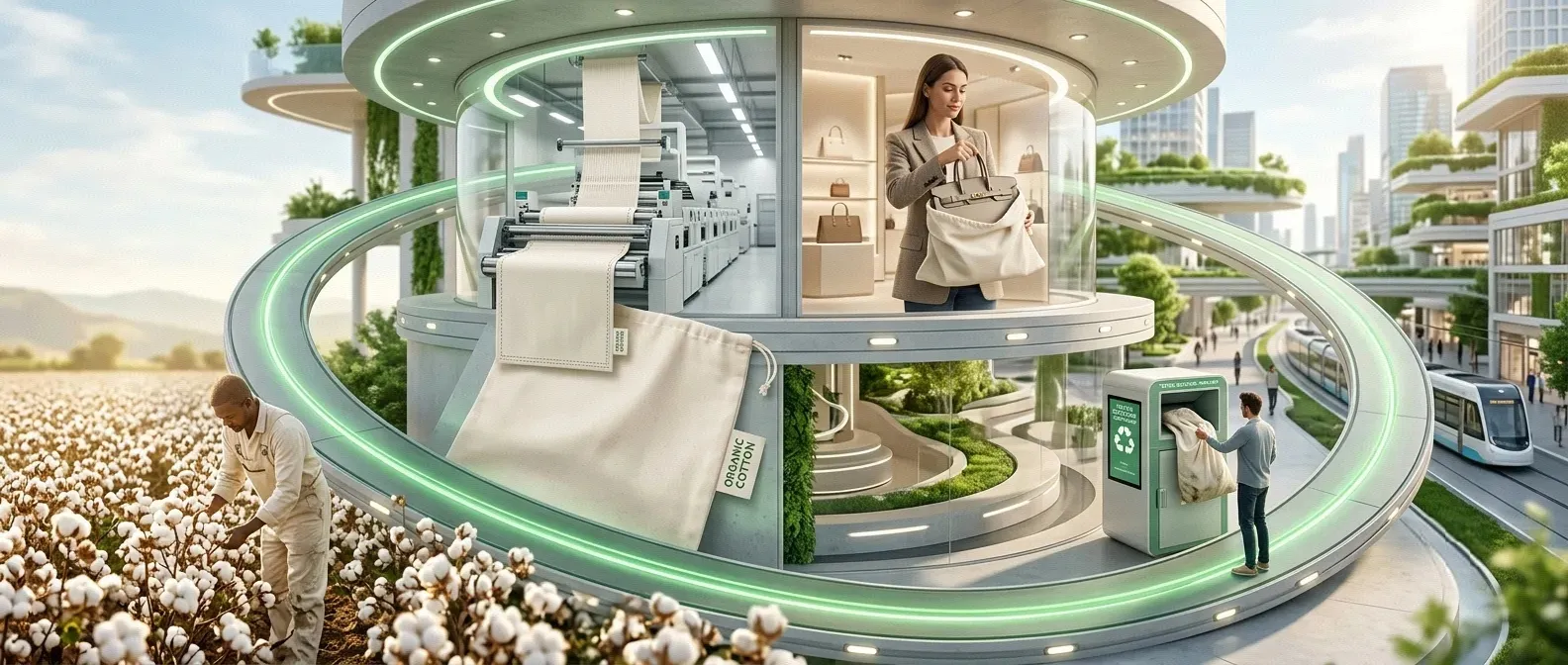 Circular economy lifecycle showcasing organic cotton dust bag sustainability