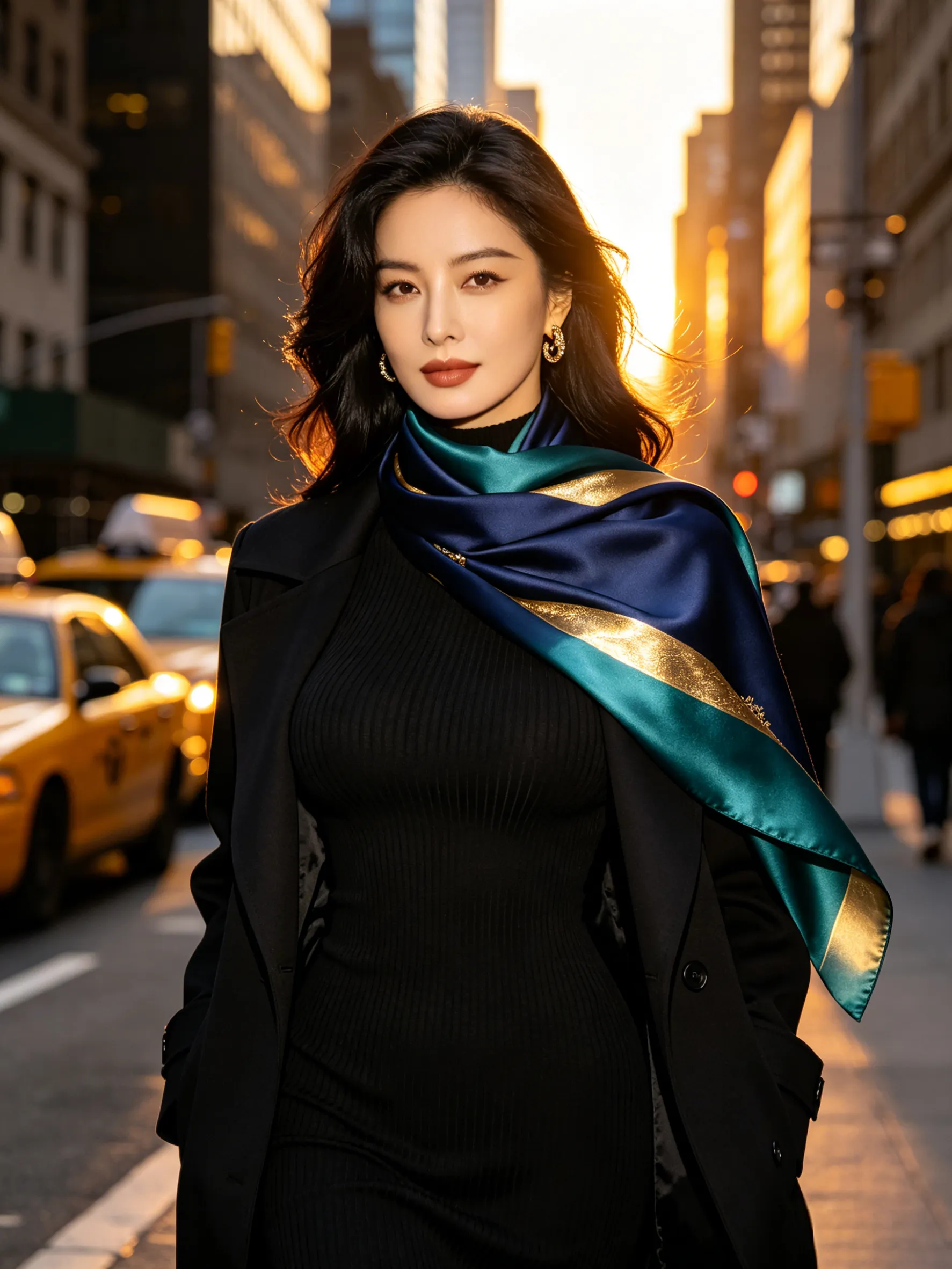 Fashion model walking on New York street wearing black outfit with large luxury silk scarf