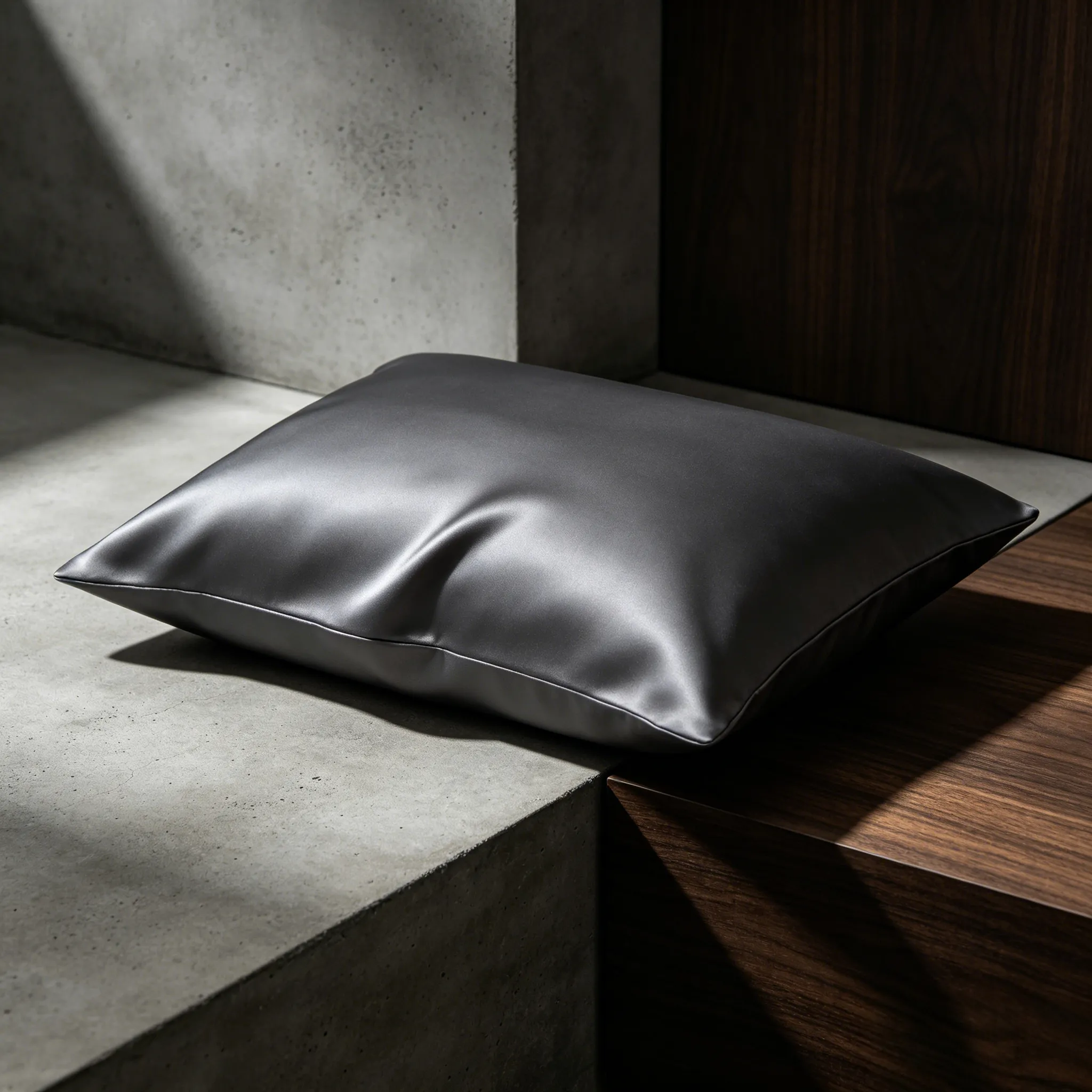 Premium charcoal gray matte silk pillowcase showcasing masculine non-glossy finish, elegantly folded on minimalist dark surface with sophisticated studio lighting