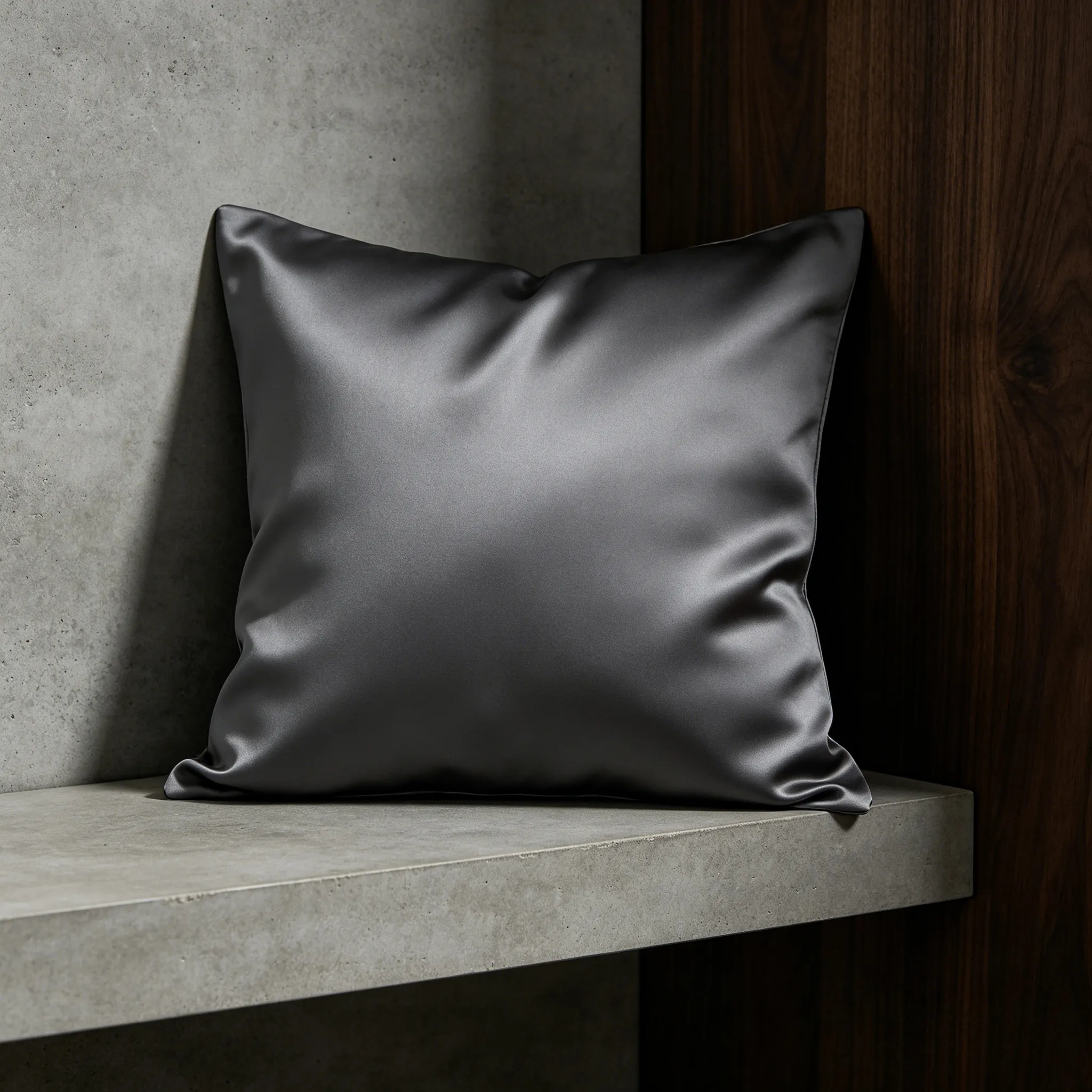 Close-up comparison of charcoal gray matte silk pillowcase showing non-glossy sophisticated finish versus traditional glossy satin