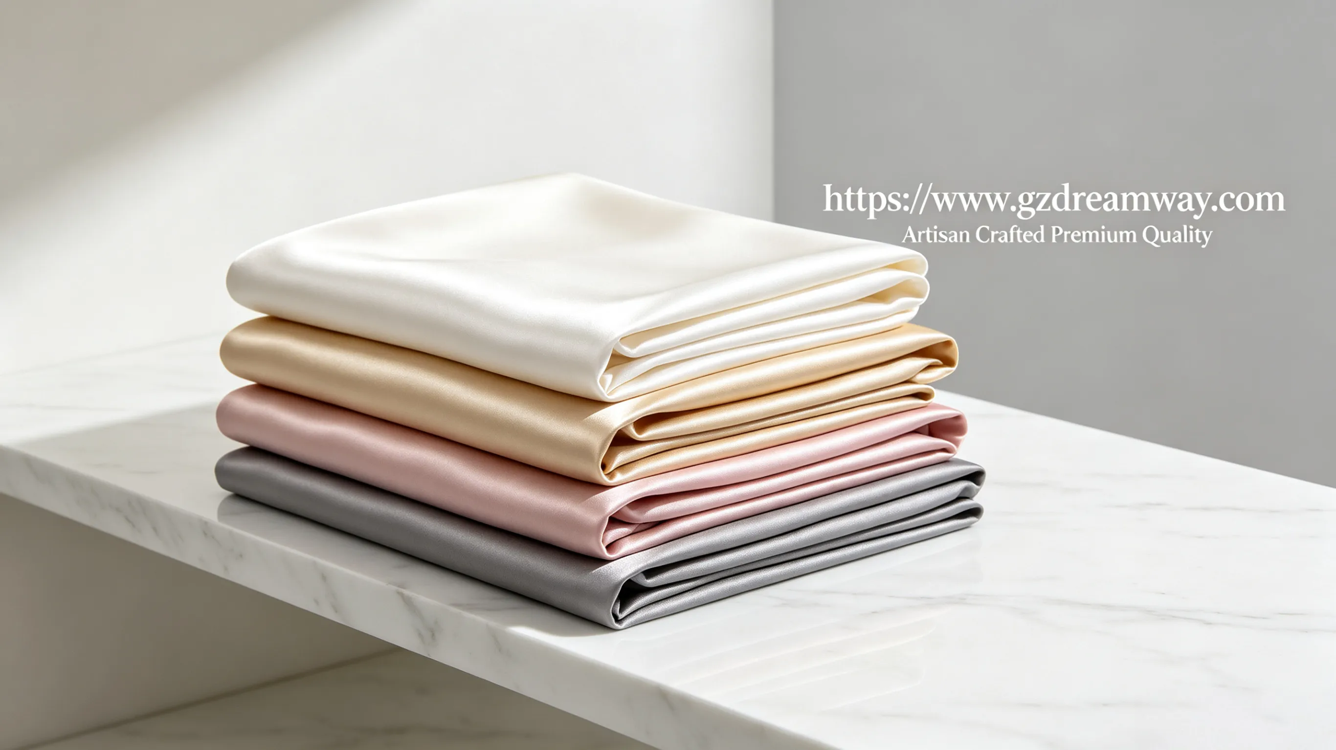 Minimalist arrangement of premium silk pillowcases in ivory champagne gold blush pink and slate gray on white marble shelving