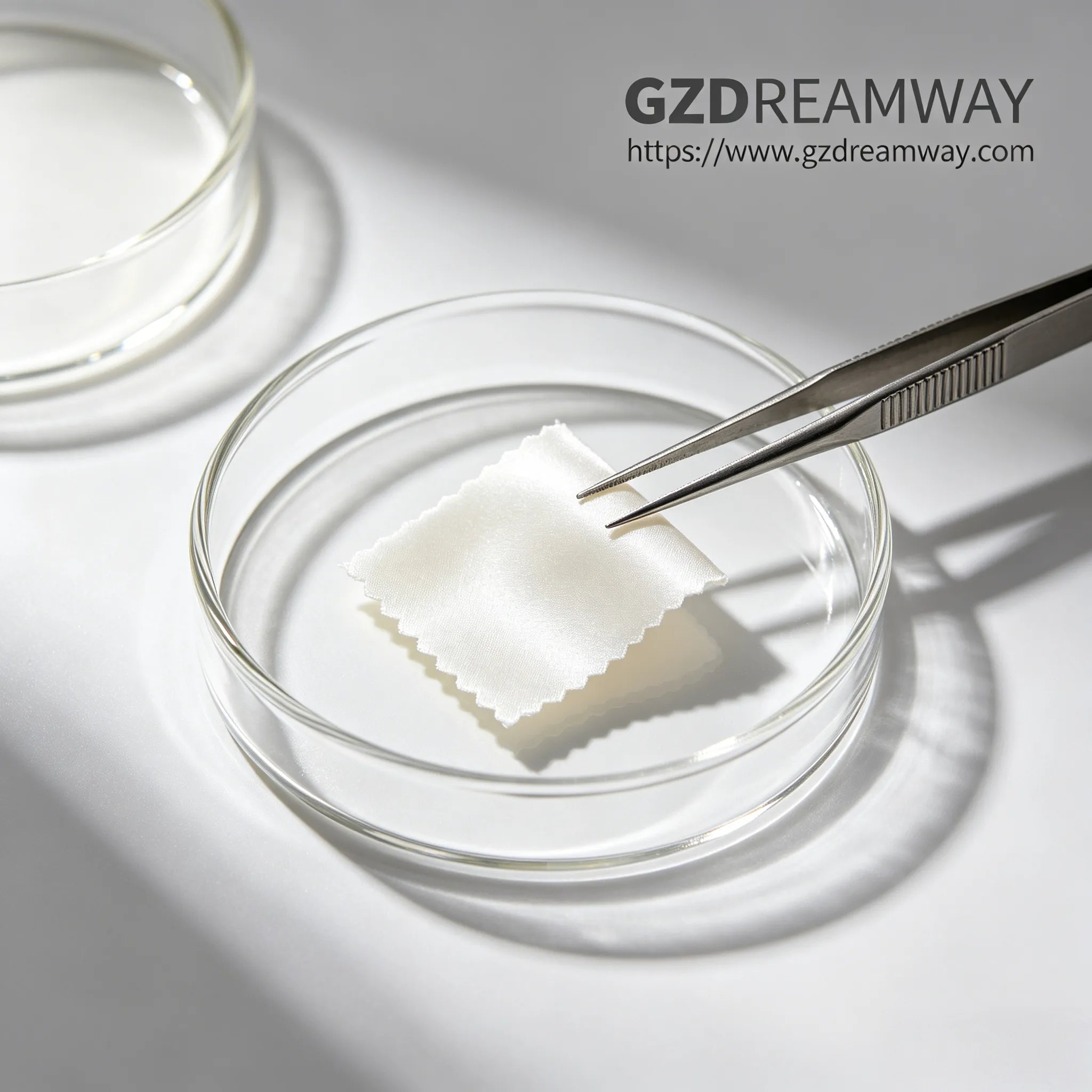Glass container with pearl white mulberry silk fabric sample beside precision tweezers in factory QC setting