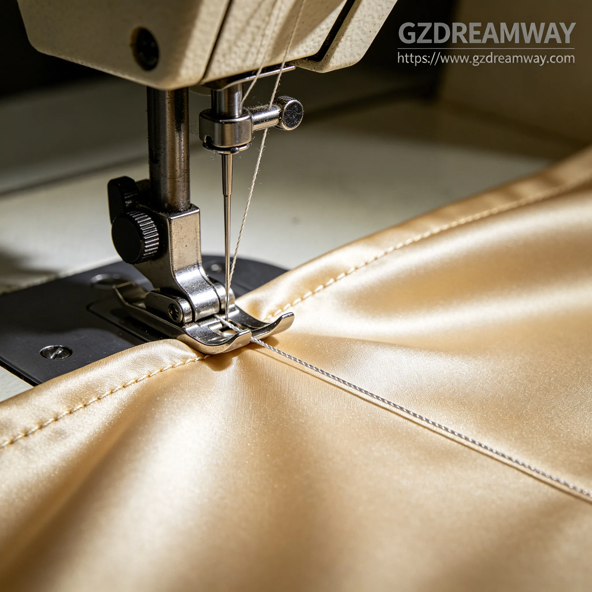 Industrial sewing machine presser foot precisely stitching champagne gold silk pillowcase edge showing fine silver thread