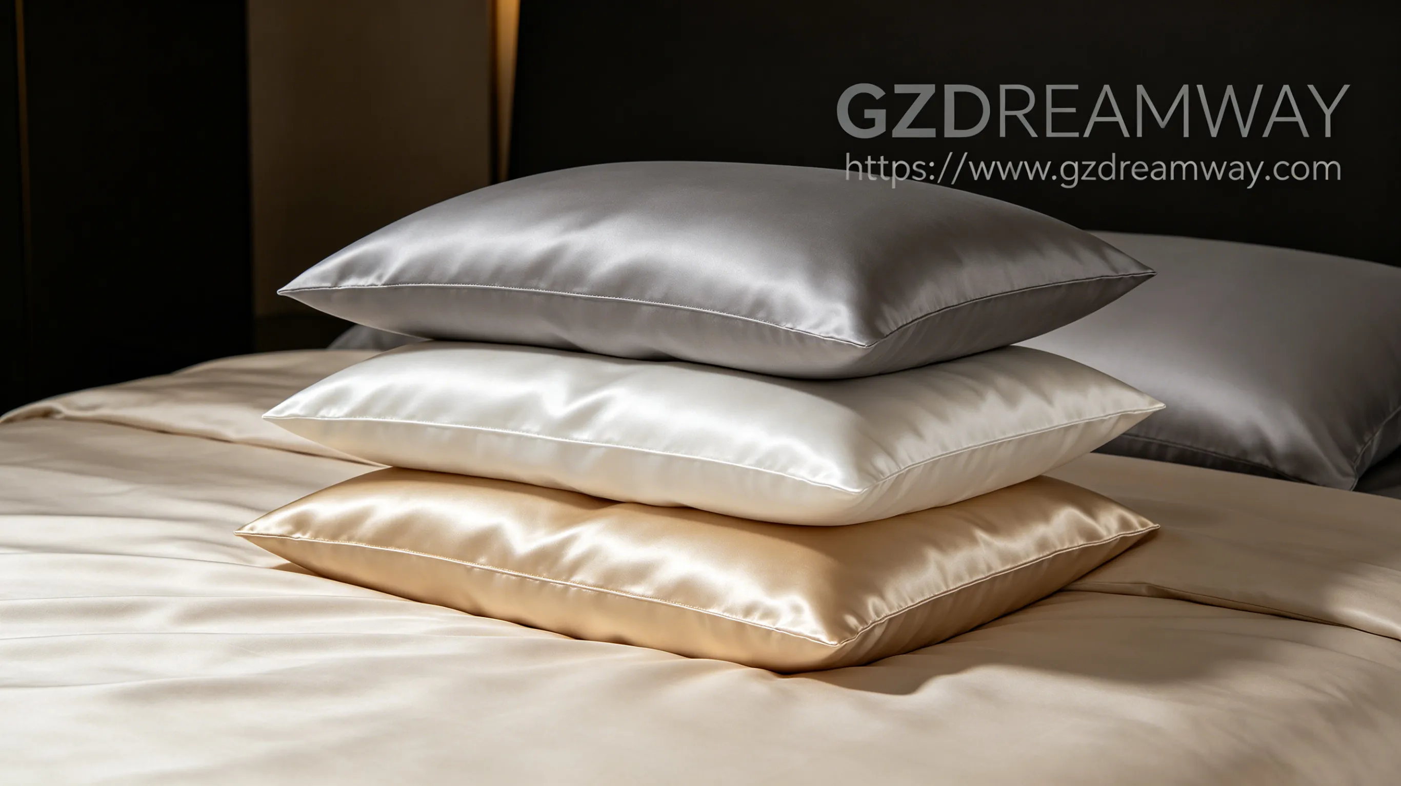 Three luxurious mulberry silk pillows in champagne gold, pearl white, and slate gray leaning on premium bedding