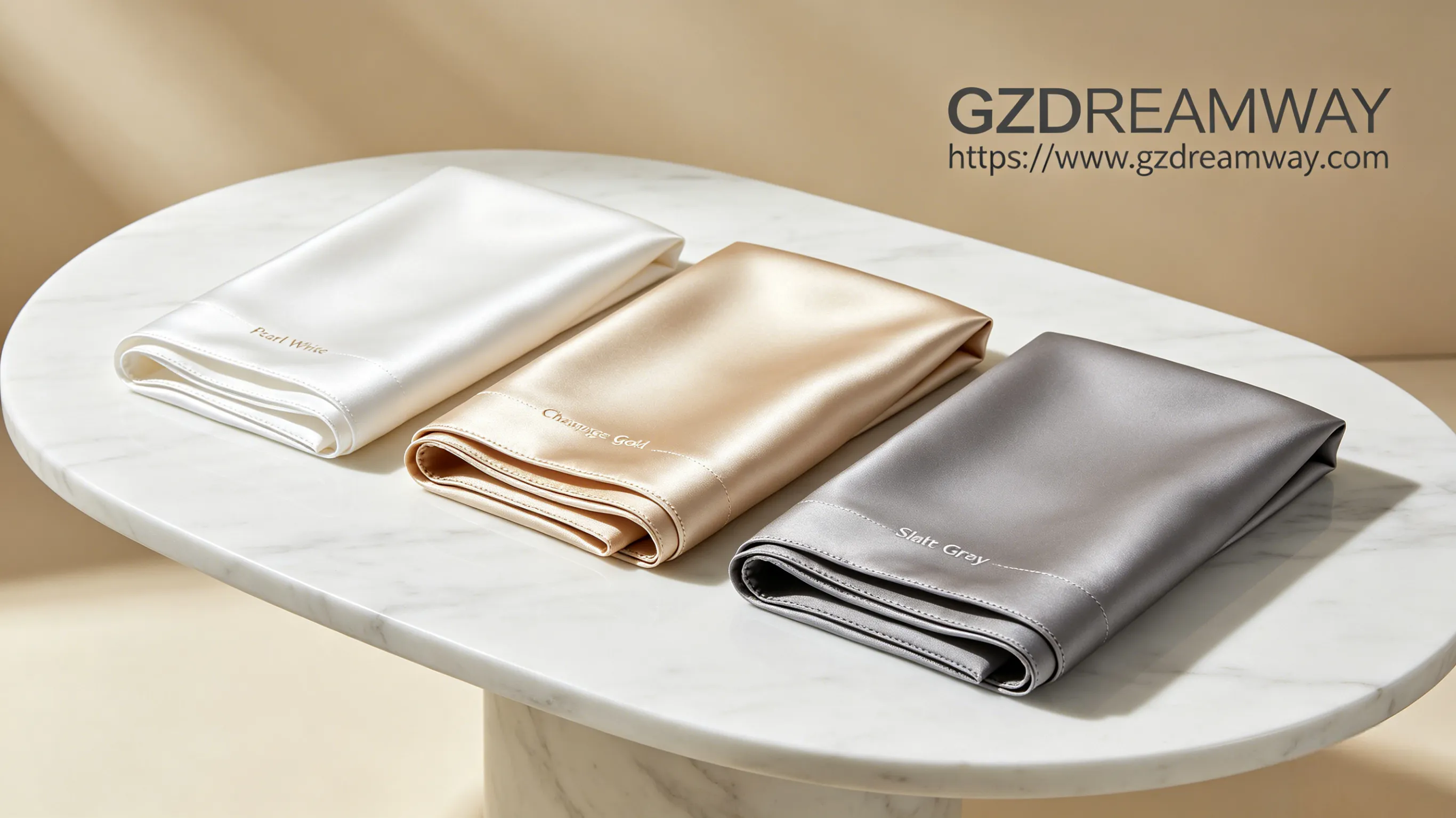 Modern white curved marble display showing three luxury mulberry silk pillowcases in pearl white champagne gold and slate gray