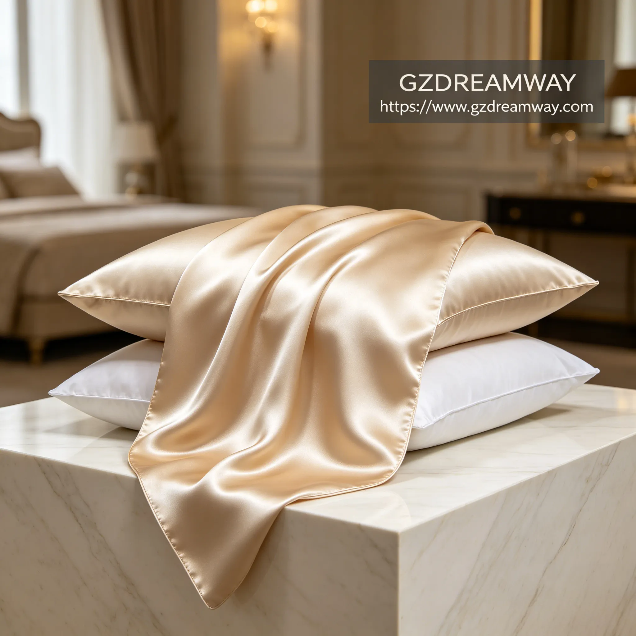 45 degree angle photography of fluffy champagne gold silk pillowcase on goose down pillow on beige marble platform with soft blur European bedroom background