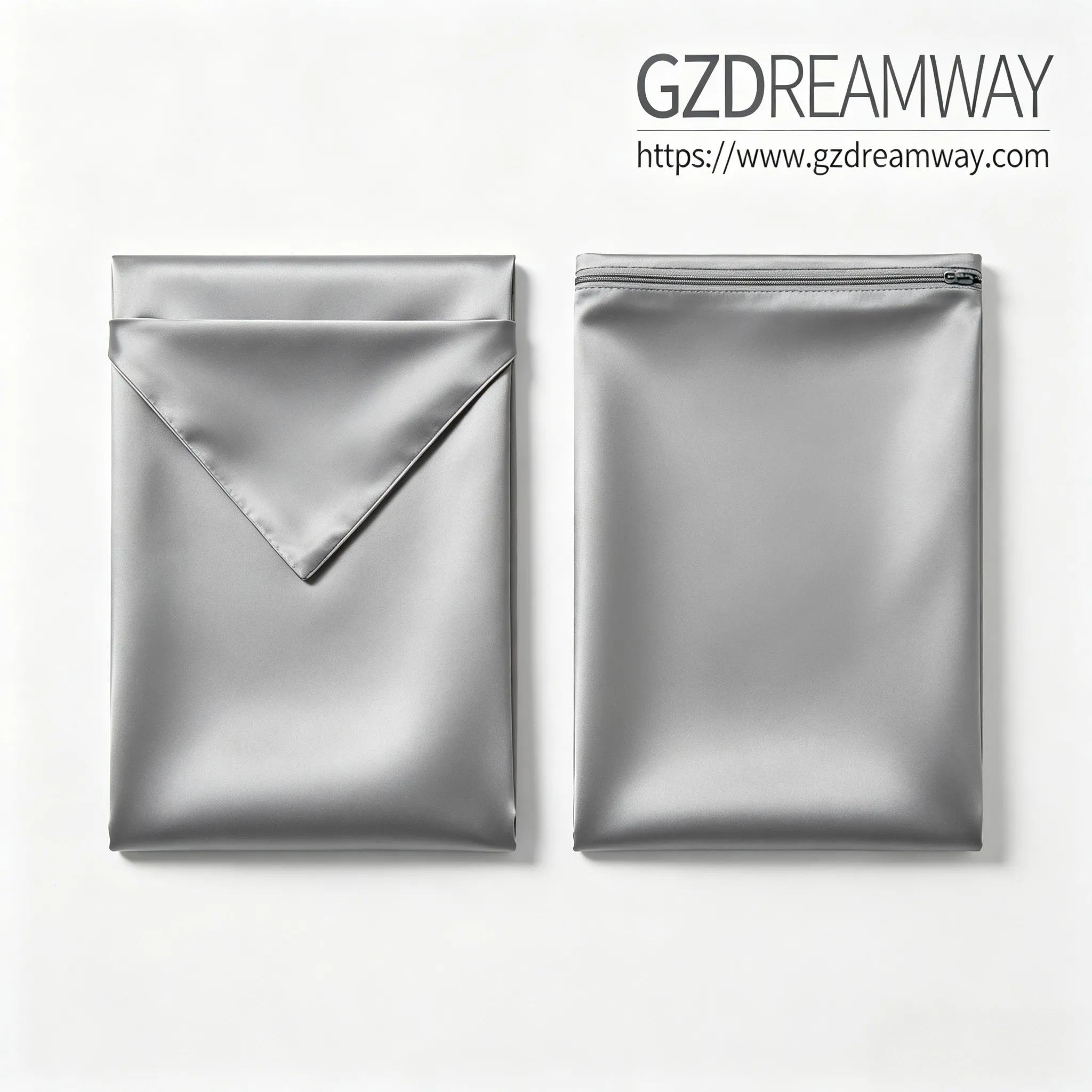 90 degree overhead view of slate gray silk pillowcases showing envelope and invisible zipper closure styles