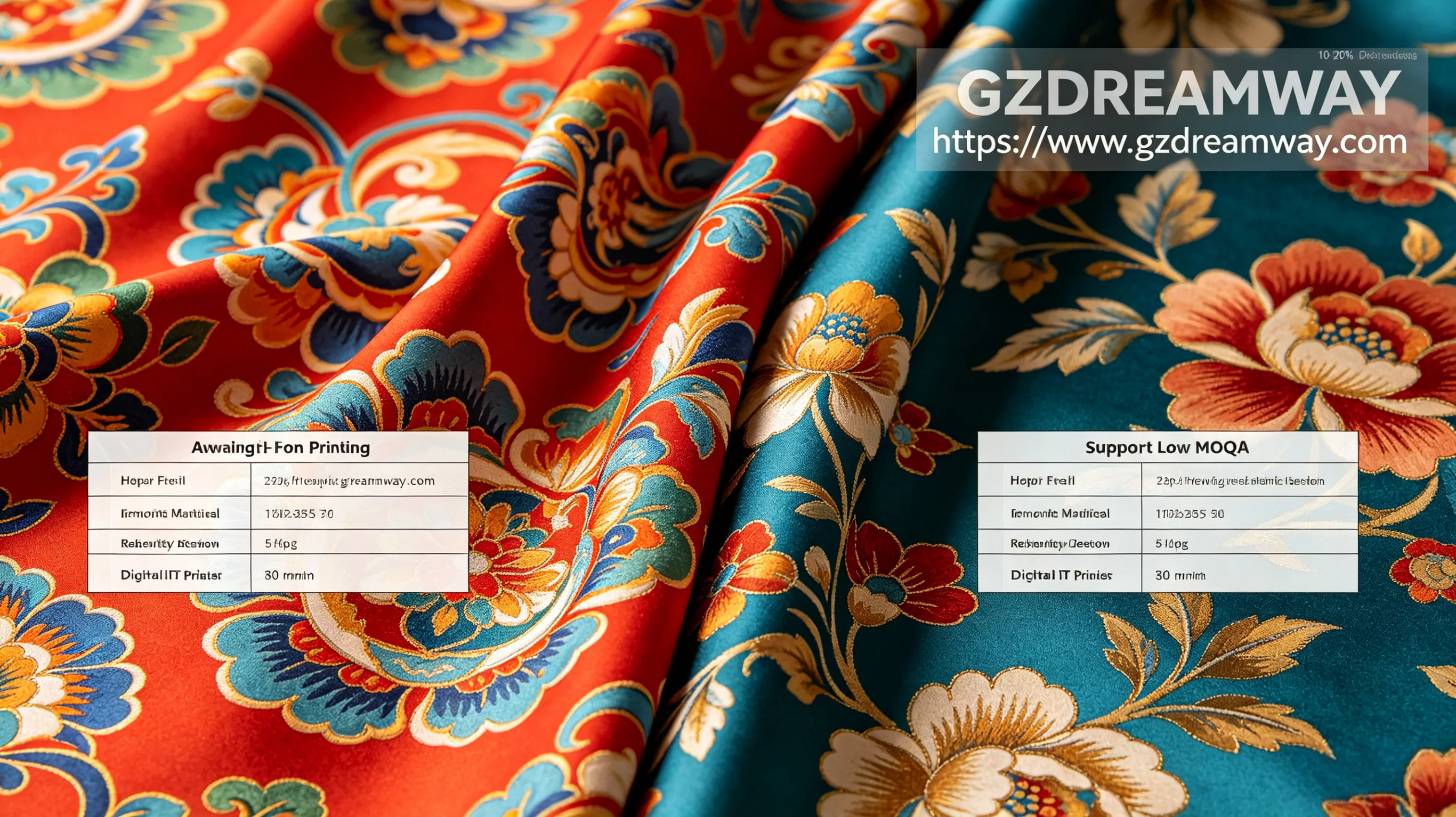 Silk fabric showing screen printing with vibrant colors versus digital direct printing with softer colors and lower MOQ
