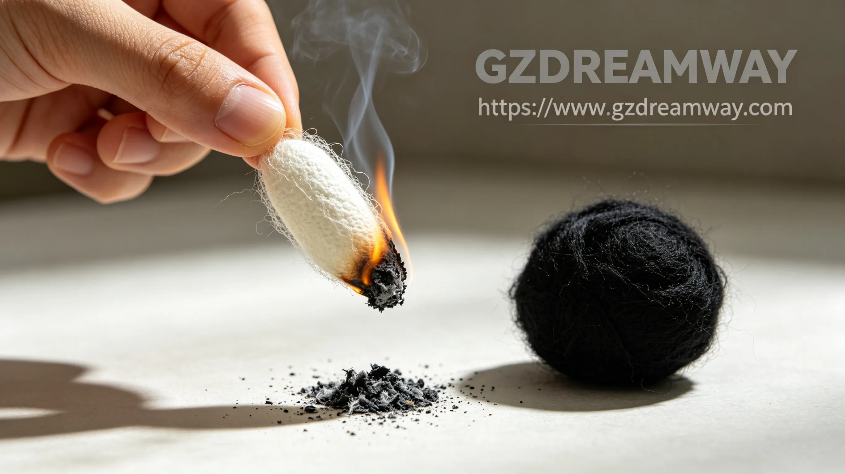 Silk fiber burning test showing genuine silk burning slowly with black powder ash versus polyester melting into ball