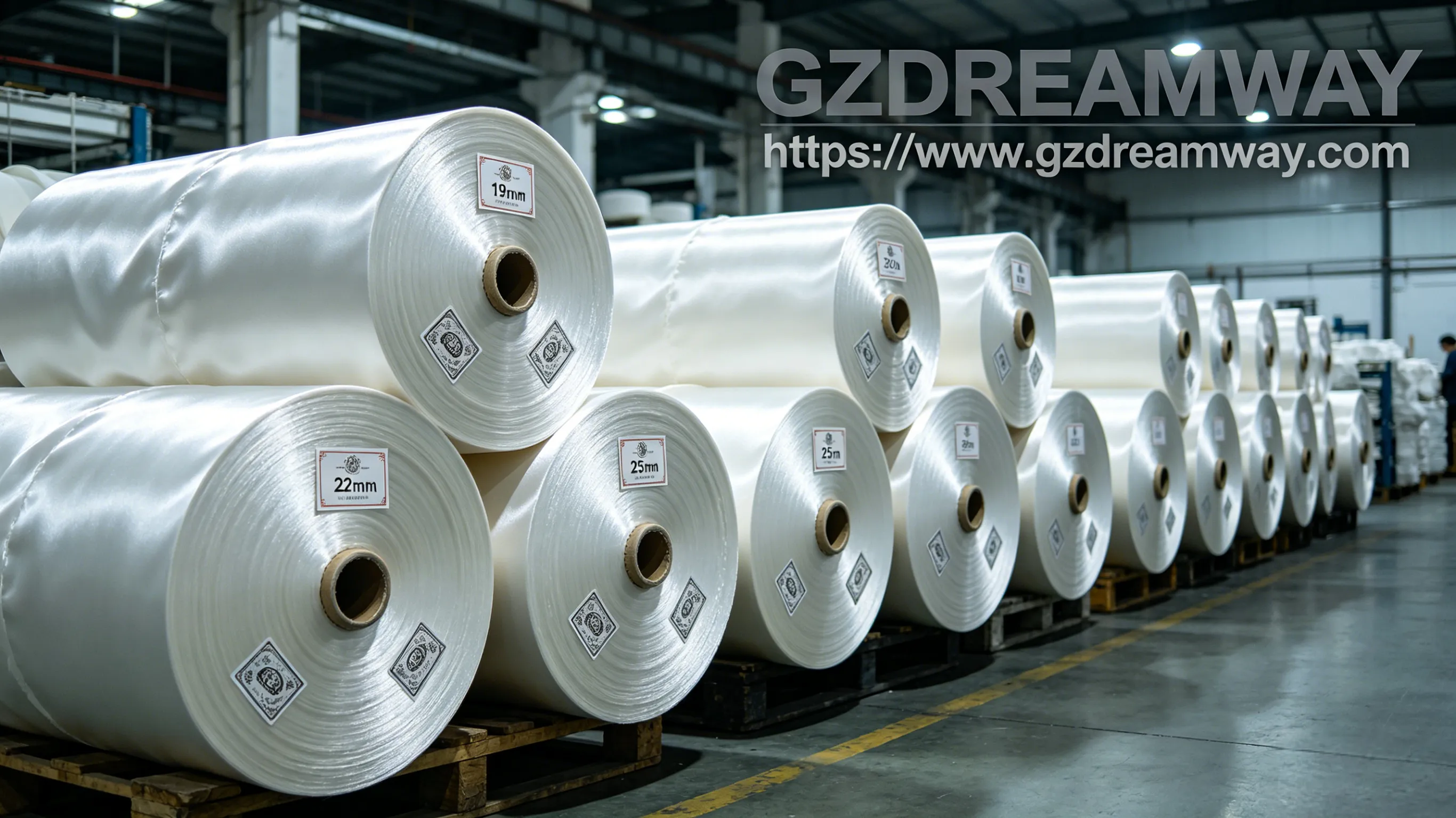 Organized rolls of 19mm 22mm 25mm mulberry silk fabric in factory with anti-counterfeit labels