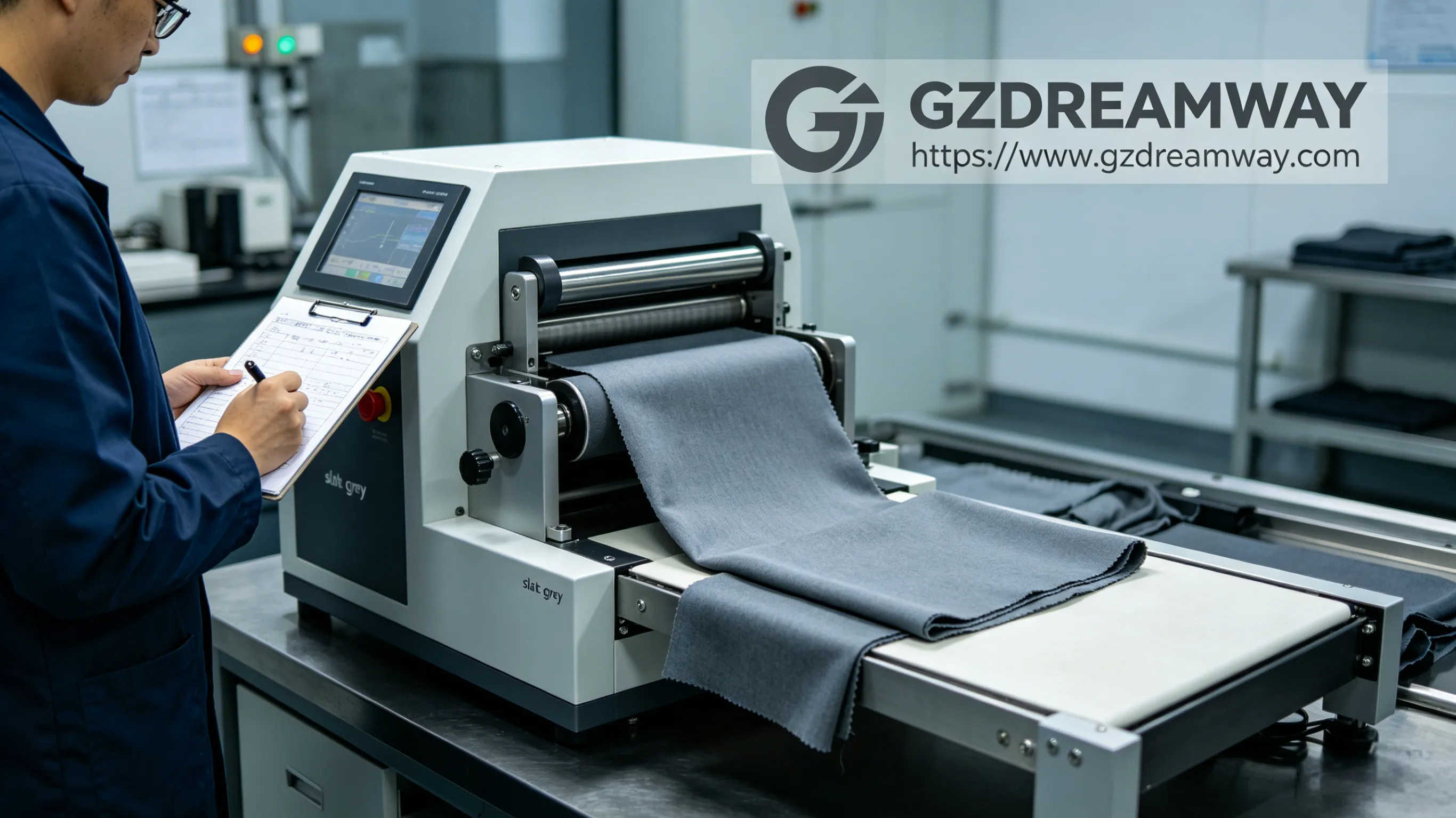 Professional fabric colorfastness testing equipment in factory with worker recording test data