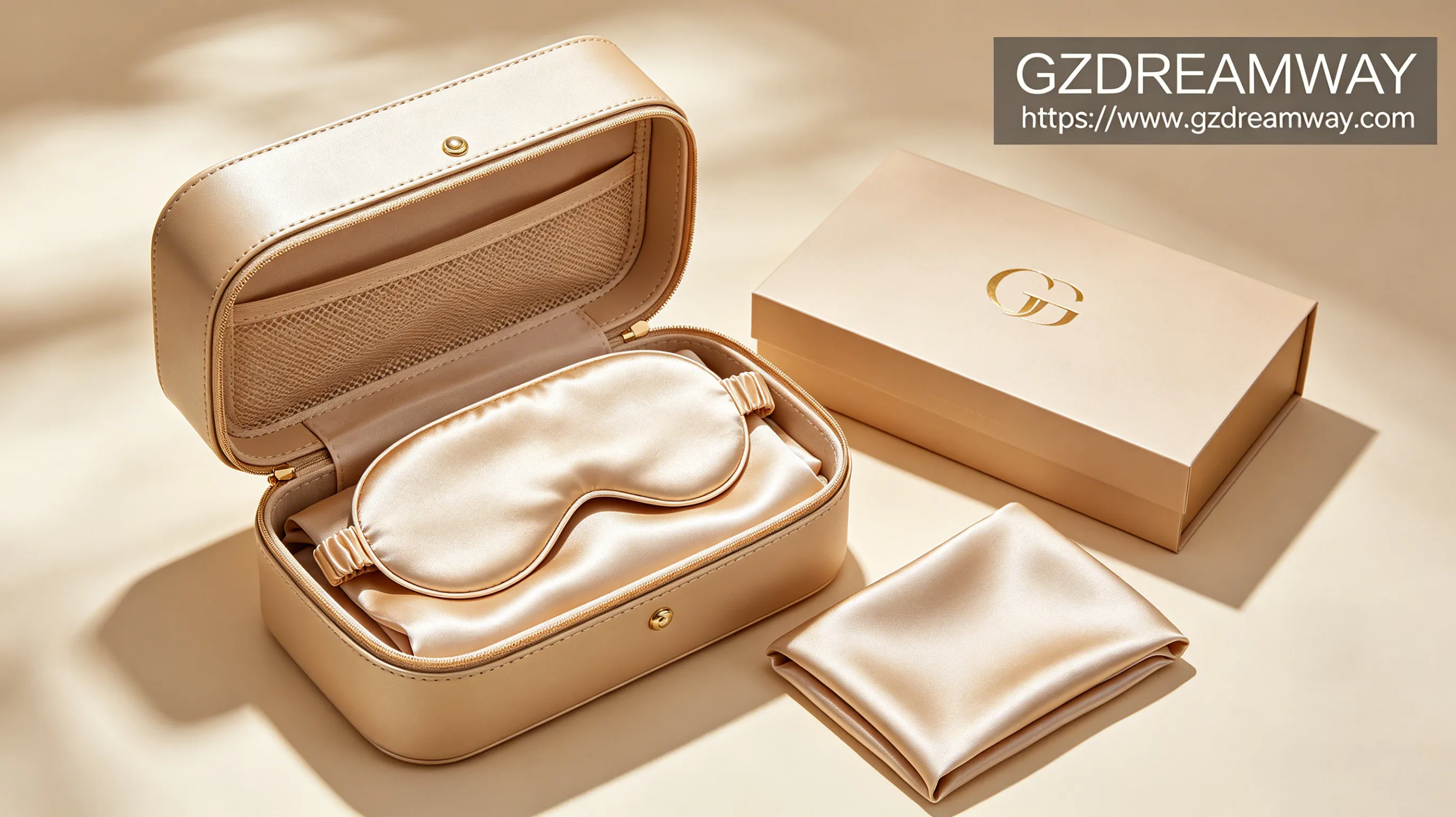 Luxury leather travel cosmetic bag partially open revealing champagne gold silk eye mask and silk pillowcase with minimalist gold foil branded gift box