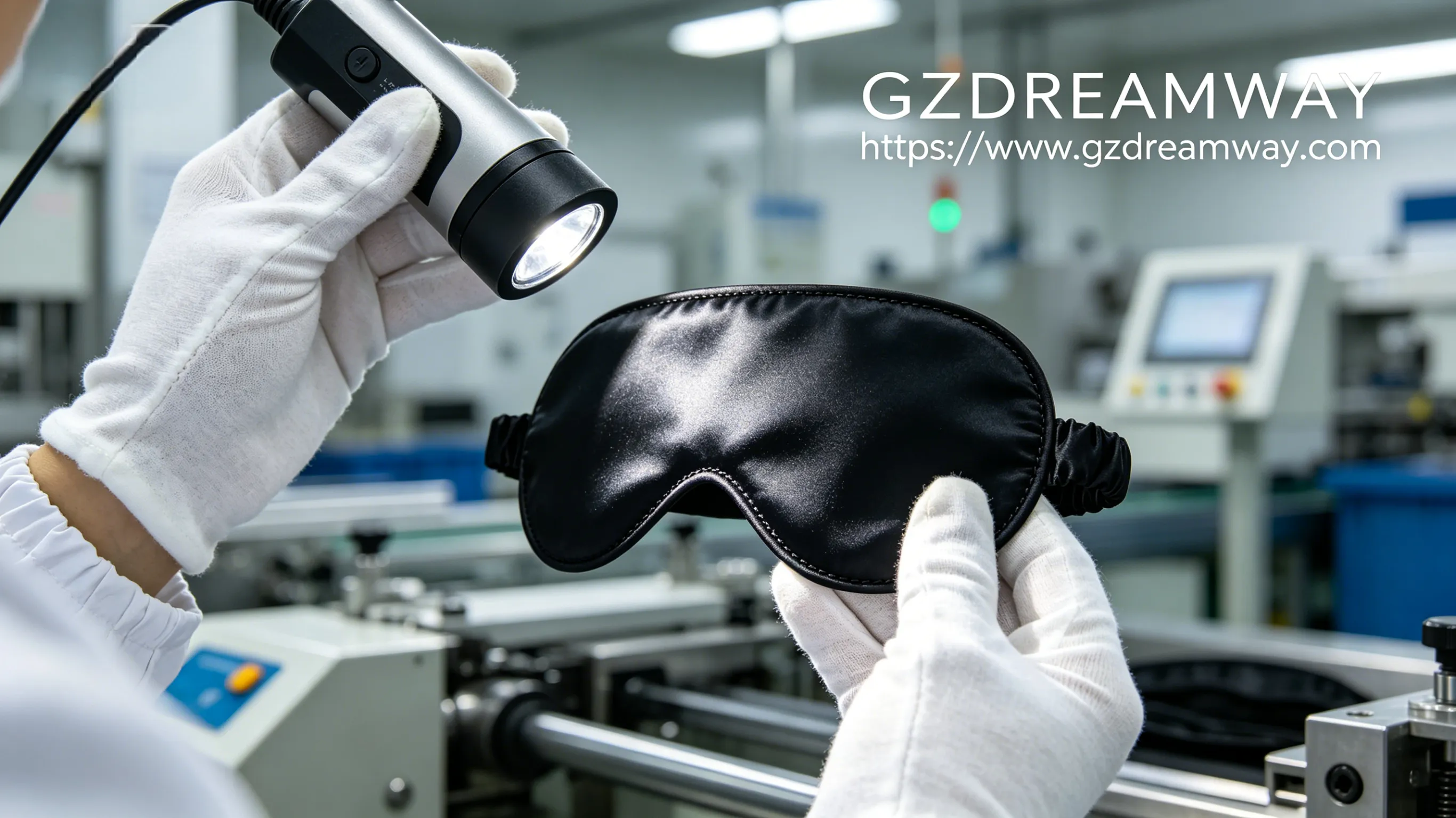 Professional factory quality control scene with inspector wearing white gloves examining black silk eye mask under bright industrial lighting