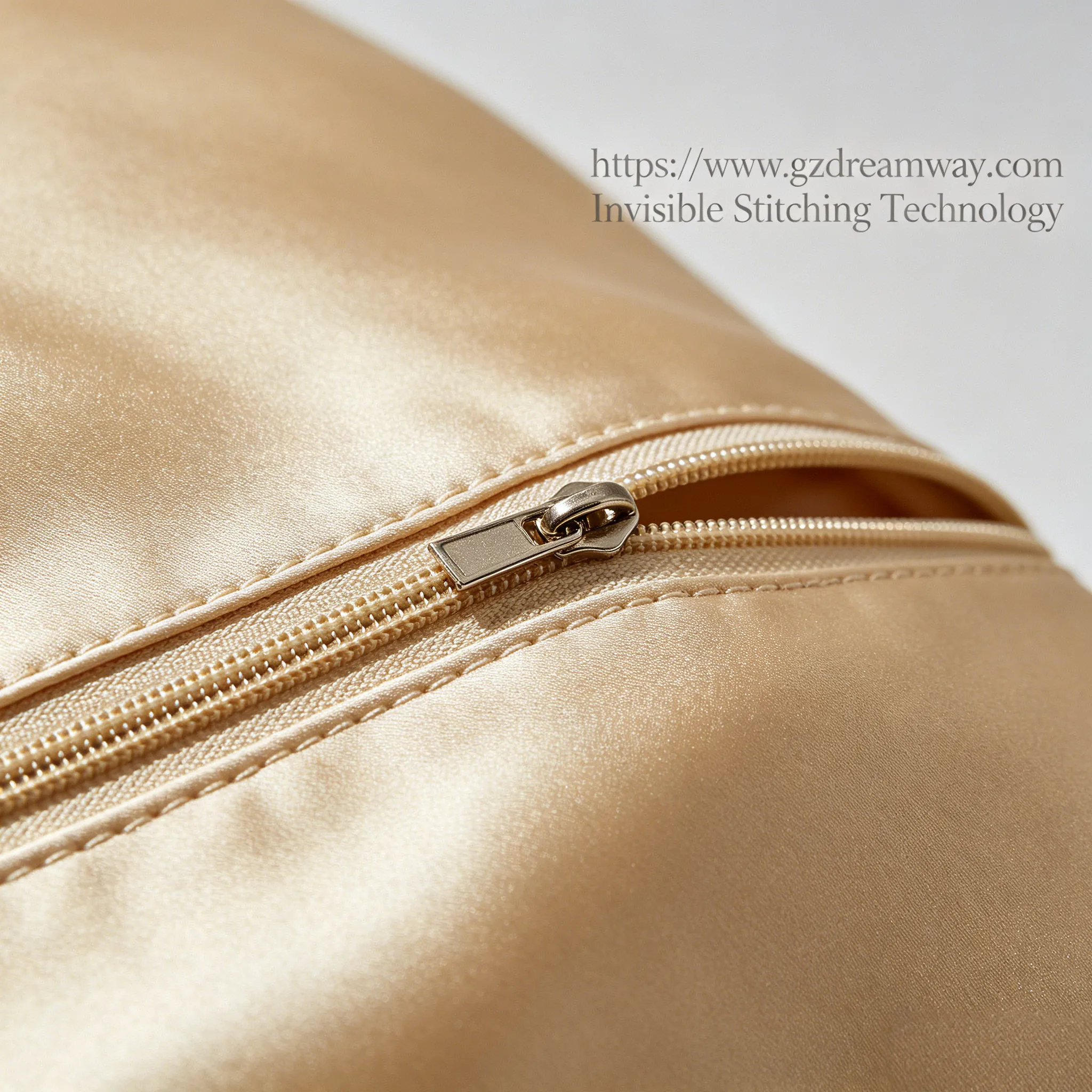 Close-up of premium champagne gold silk pillowcase hidden zipper seam with perfect stitching