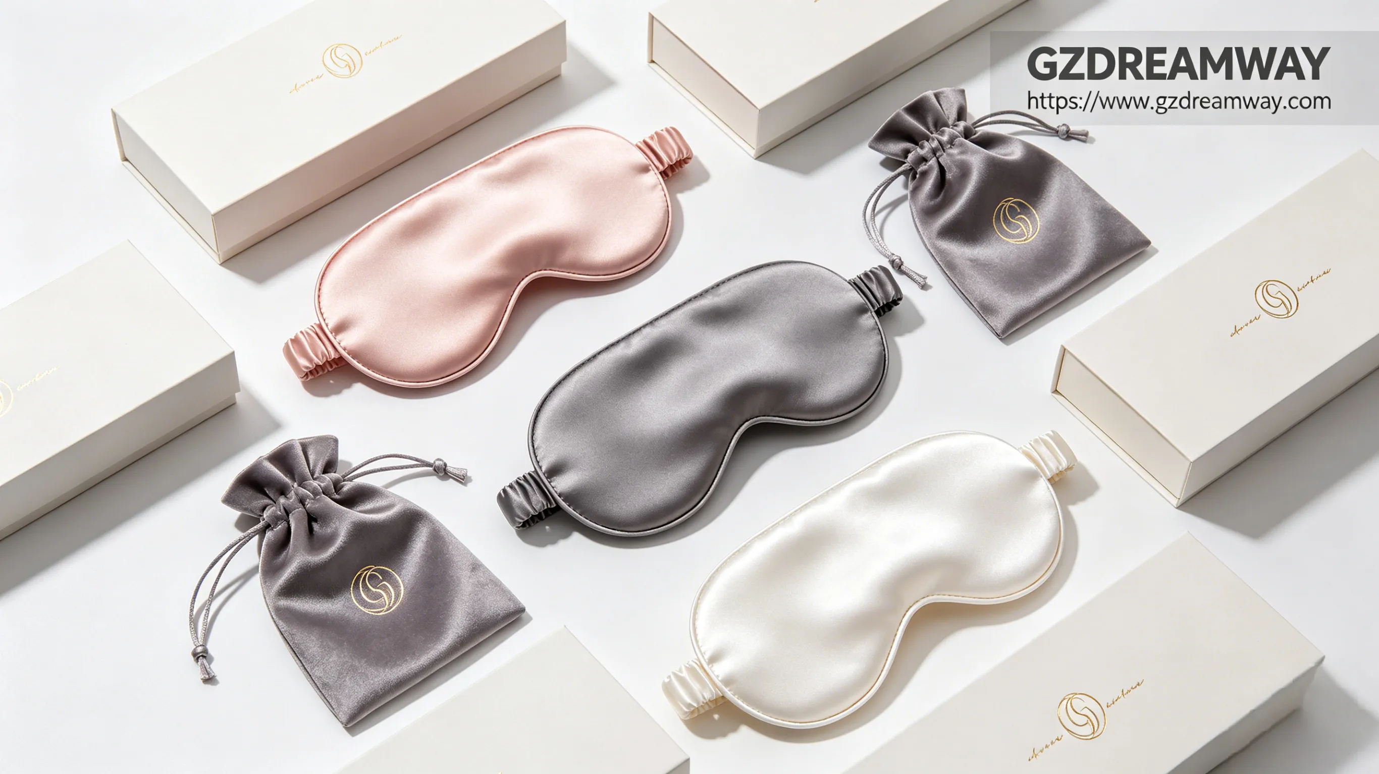 B2B product display of custom branded silk eye masks in blush pink charcoal gray pearl white with velvet drawstring bags and minimalist gift boxes