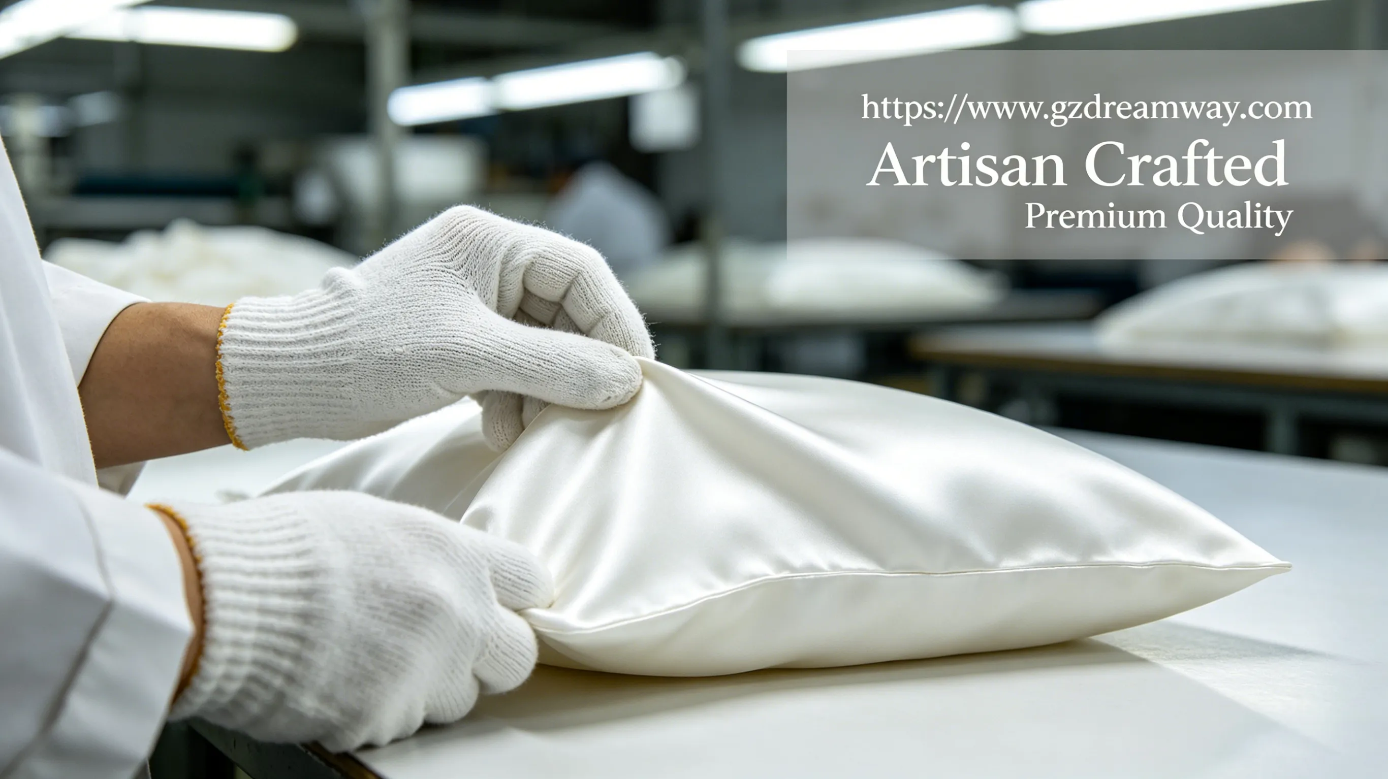 Close-up of quality control inspector wearing white cotton gloves examining silk pillowcase under bright factory lighting