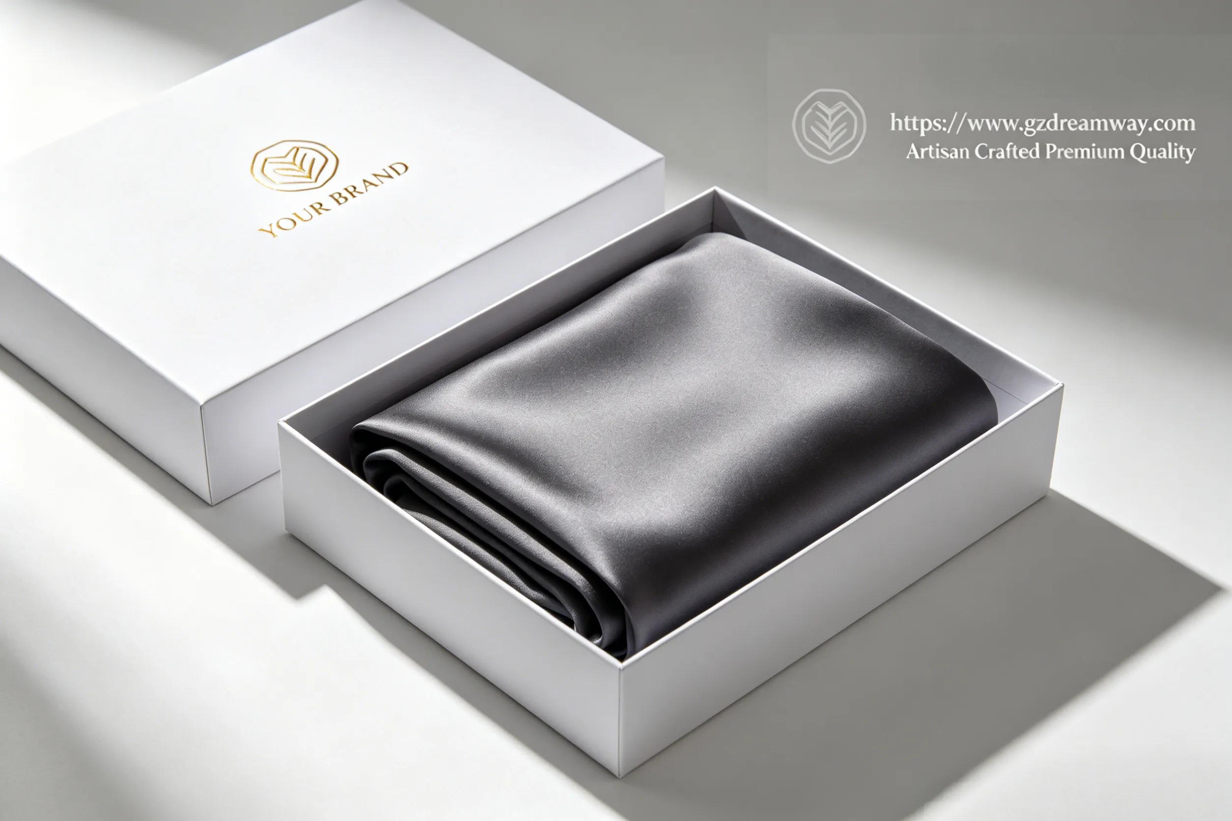 Folded charcoal gray silk pillowcase in matte white rigid gift box with gold foil YOUR BRAND logo