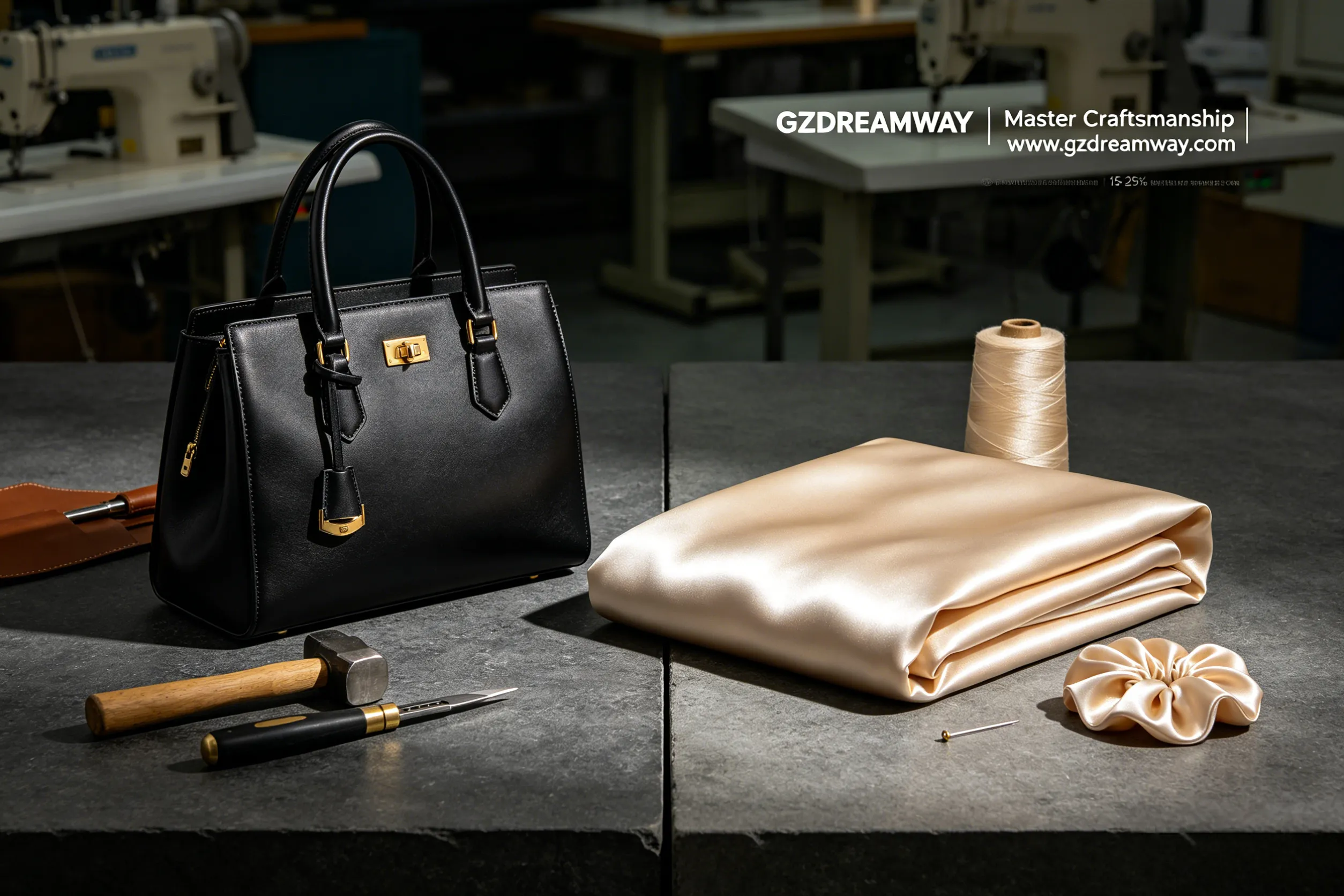 Split composition showing black full grain leather handbag with leather tools beside champagne gold silk pillowcase with silk thread and needle