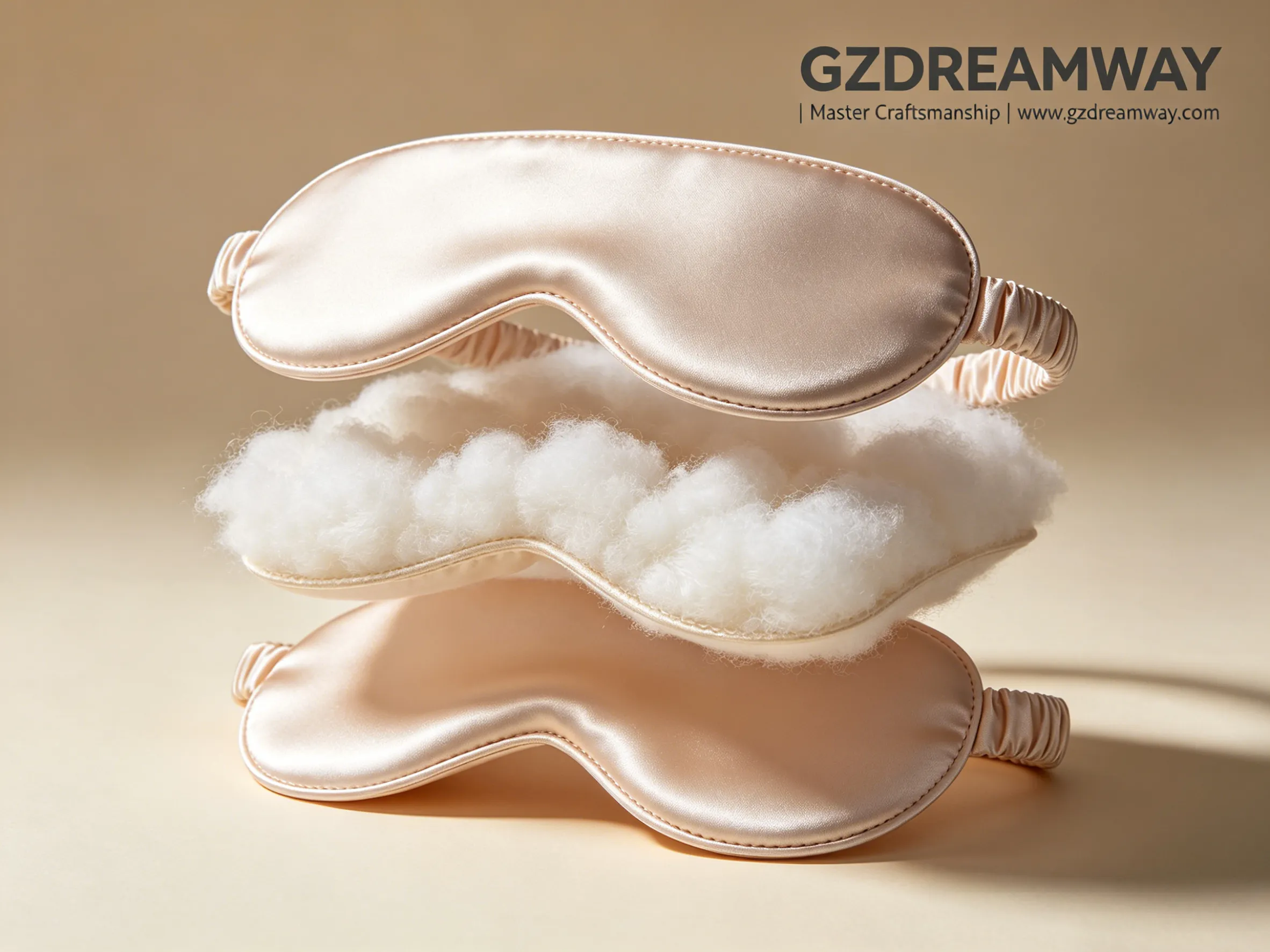 Engineering exploded view of luxury silk eye mask vertical split showing smooth outer silk layer fluffy silk cotton filling interior silk layer