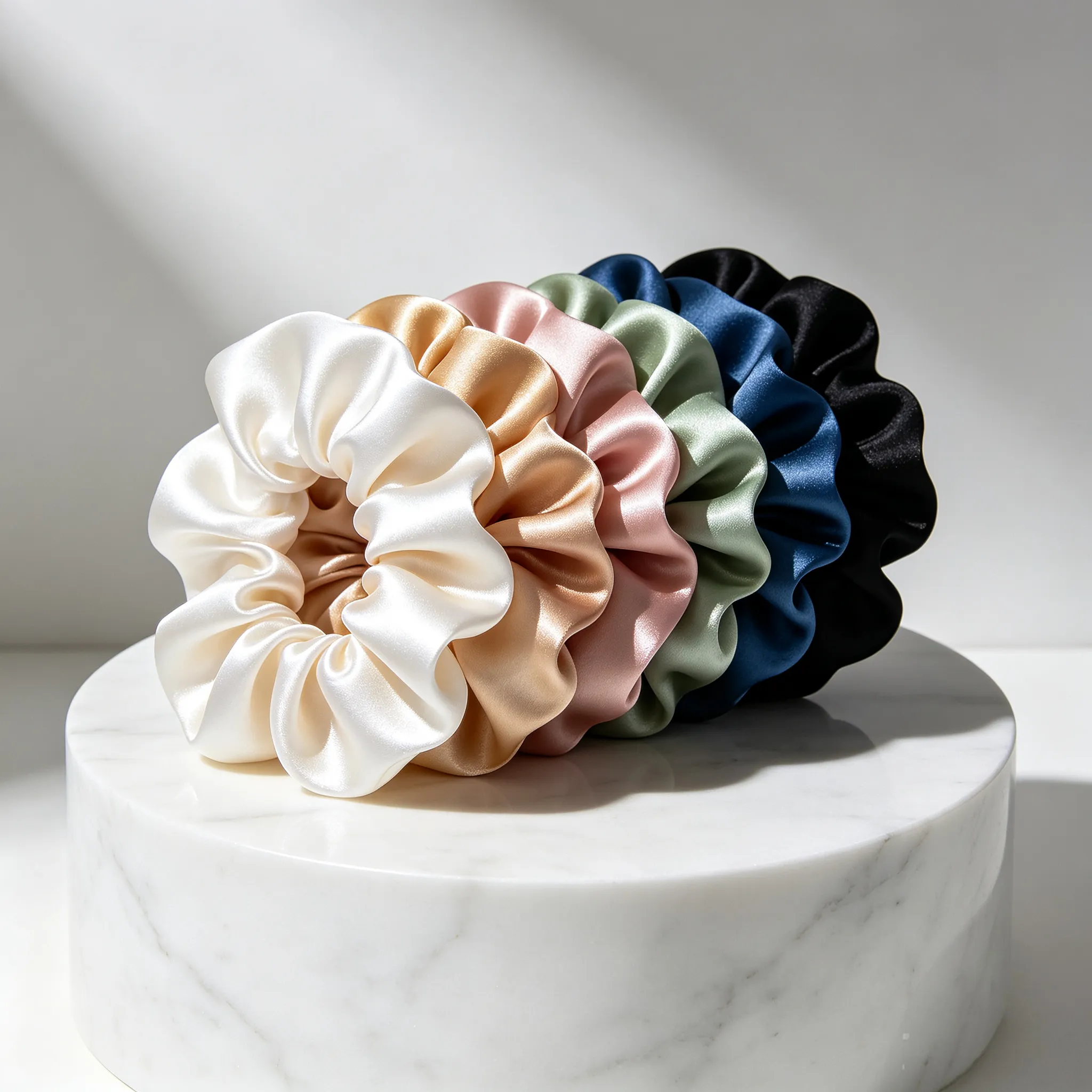 Luxury silk scrunchie collection in multiple colors displayed on white marble