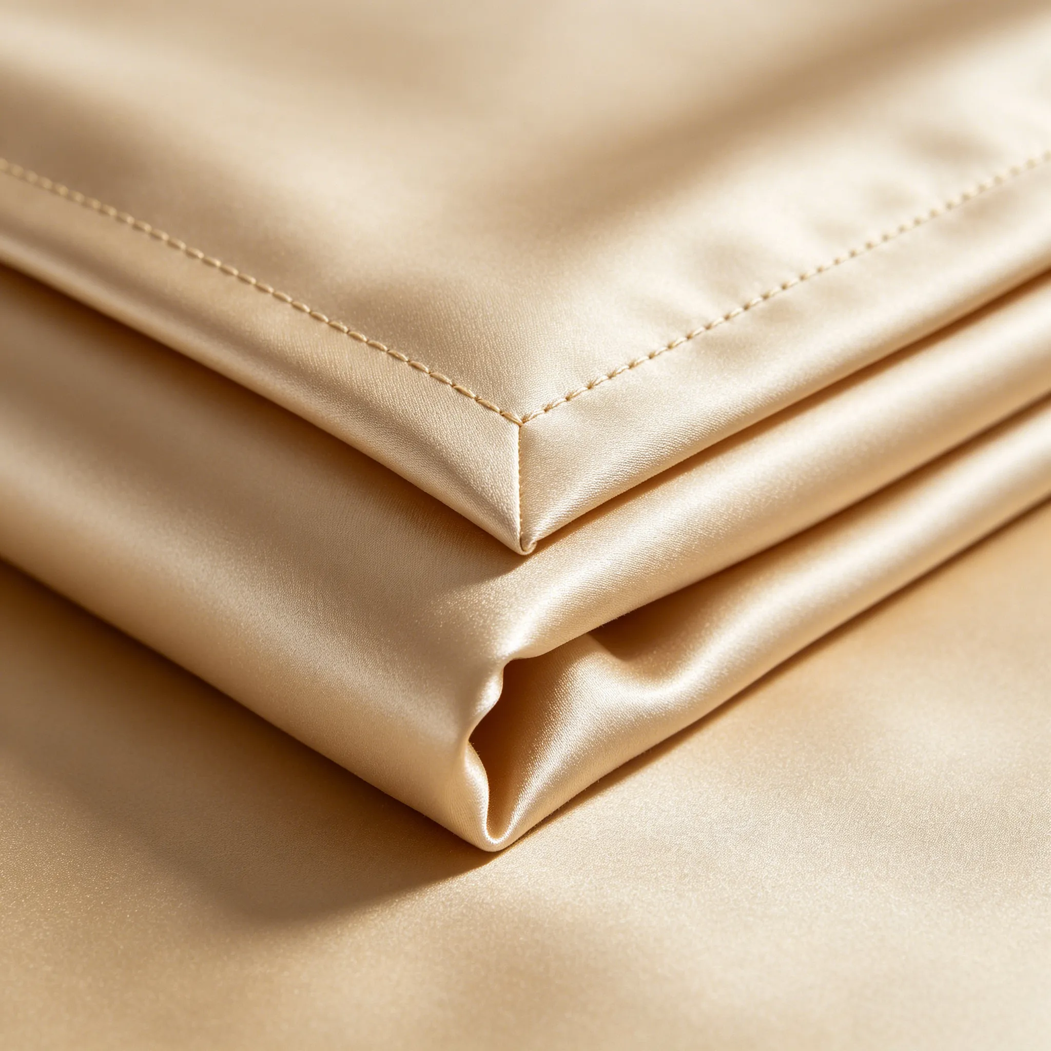 Golden silk bed sheet set corner close-up showing superior sewing craftsmanship