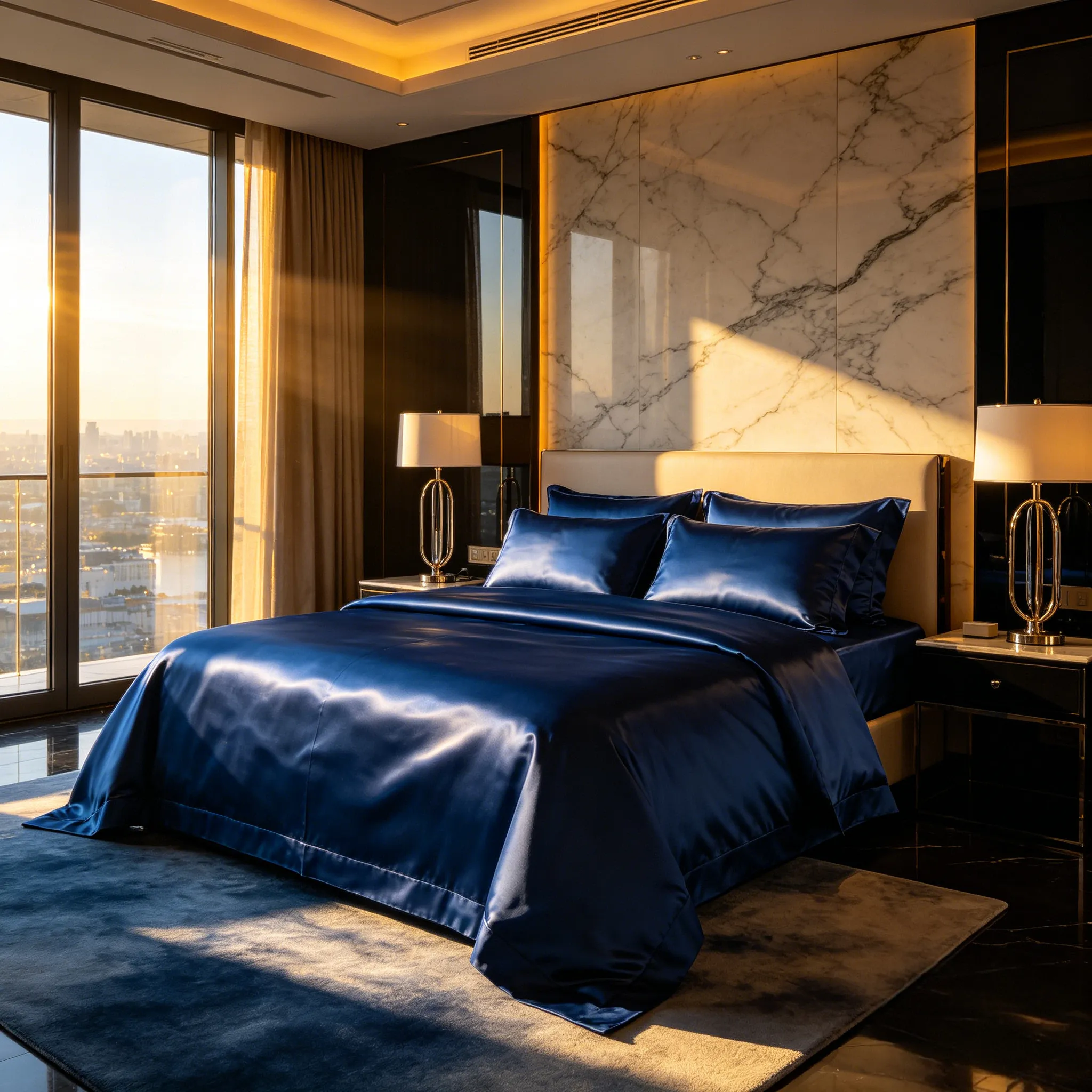 Ultra-luxury boutique hotel executive suite with midnight blue 25mm heavy-weight silk duvet cover set on grand bed