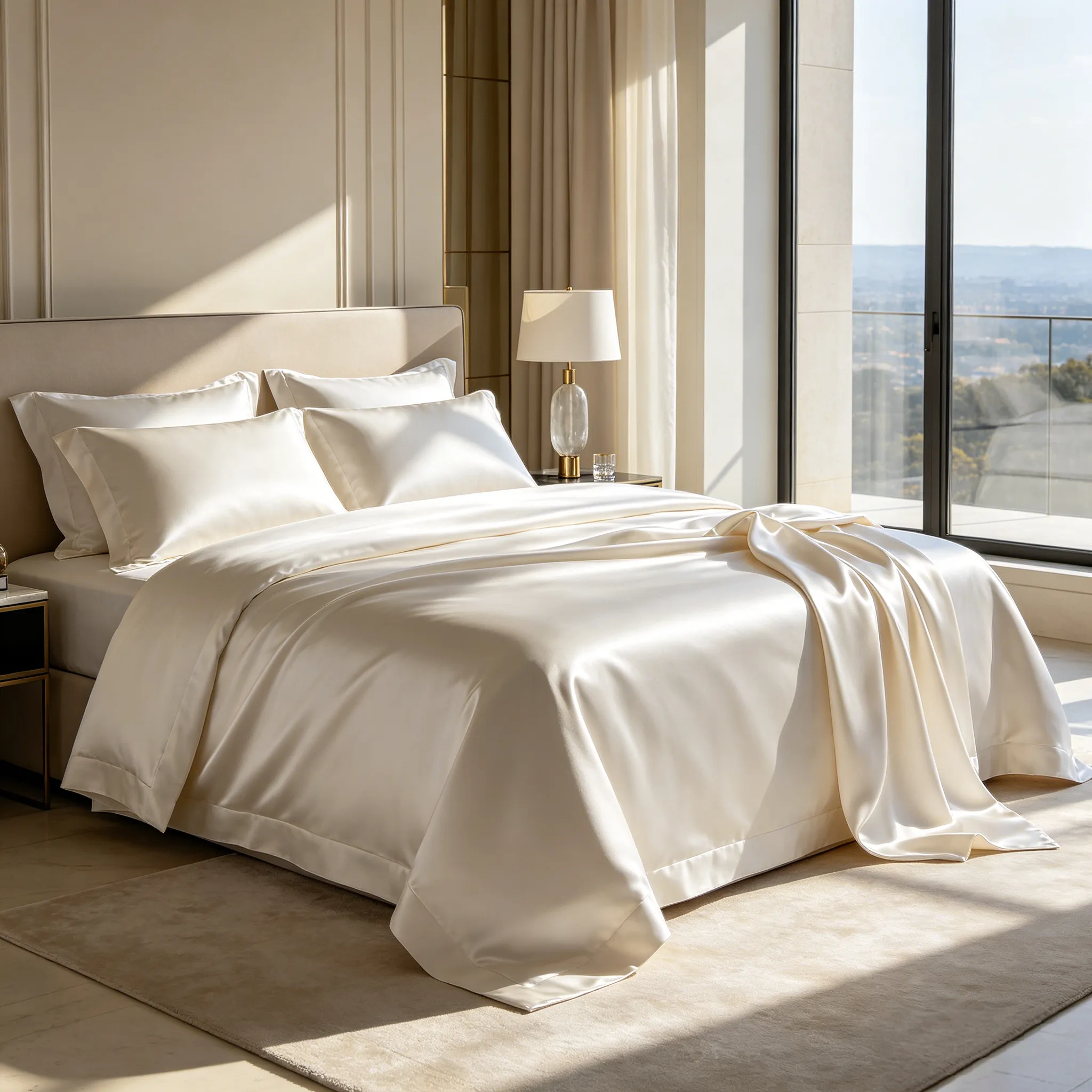 Modern minimalist European mansion bedroom with huge double bed featuring premium pearl white seamless 25mm silk duvet cover four-piece set