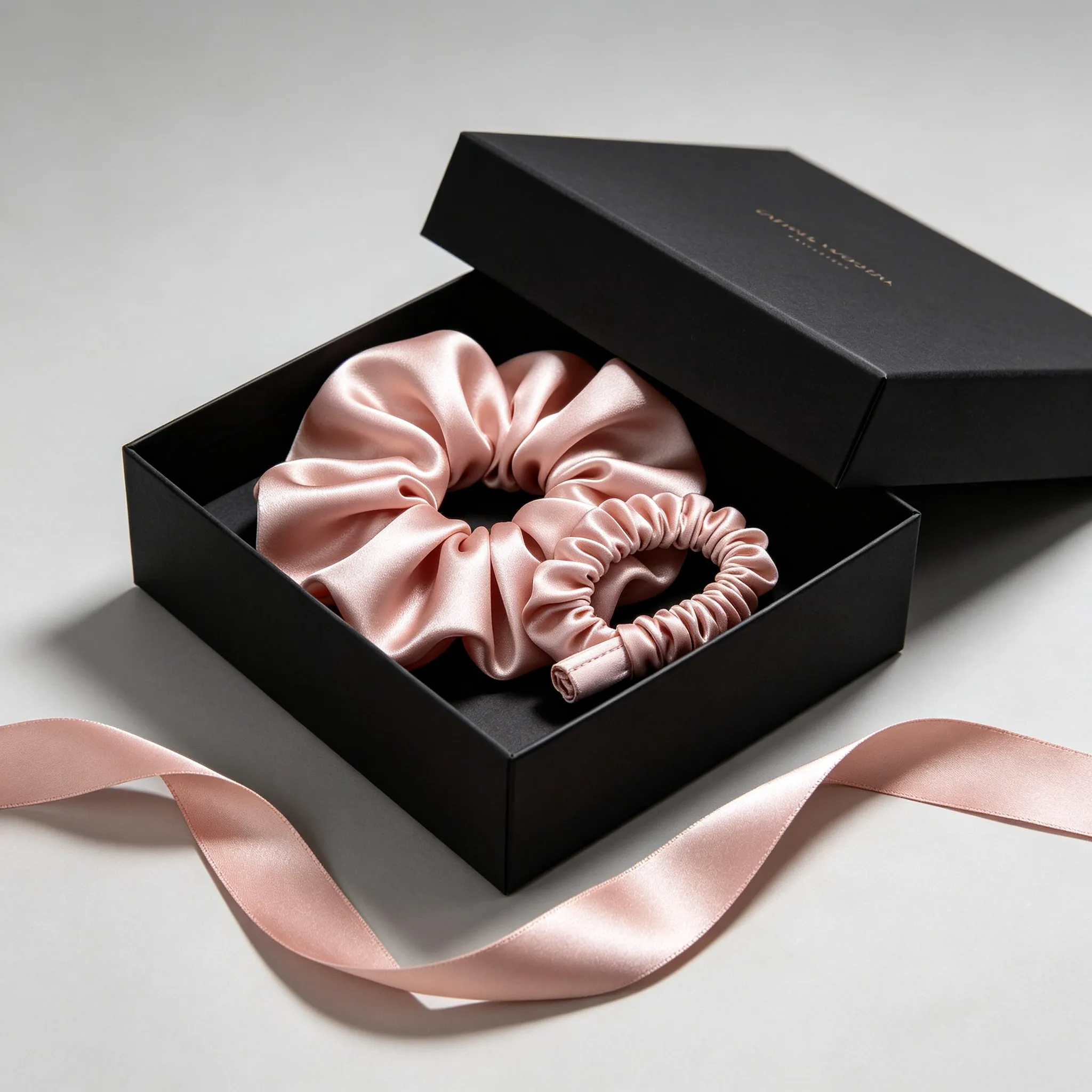 Luxury silk scrunchie gift box with champagne gold, classic and skinny sizes in pink tones displayed in minimalist black matte box