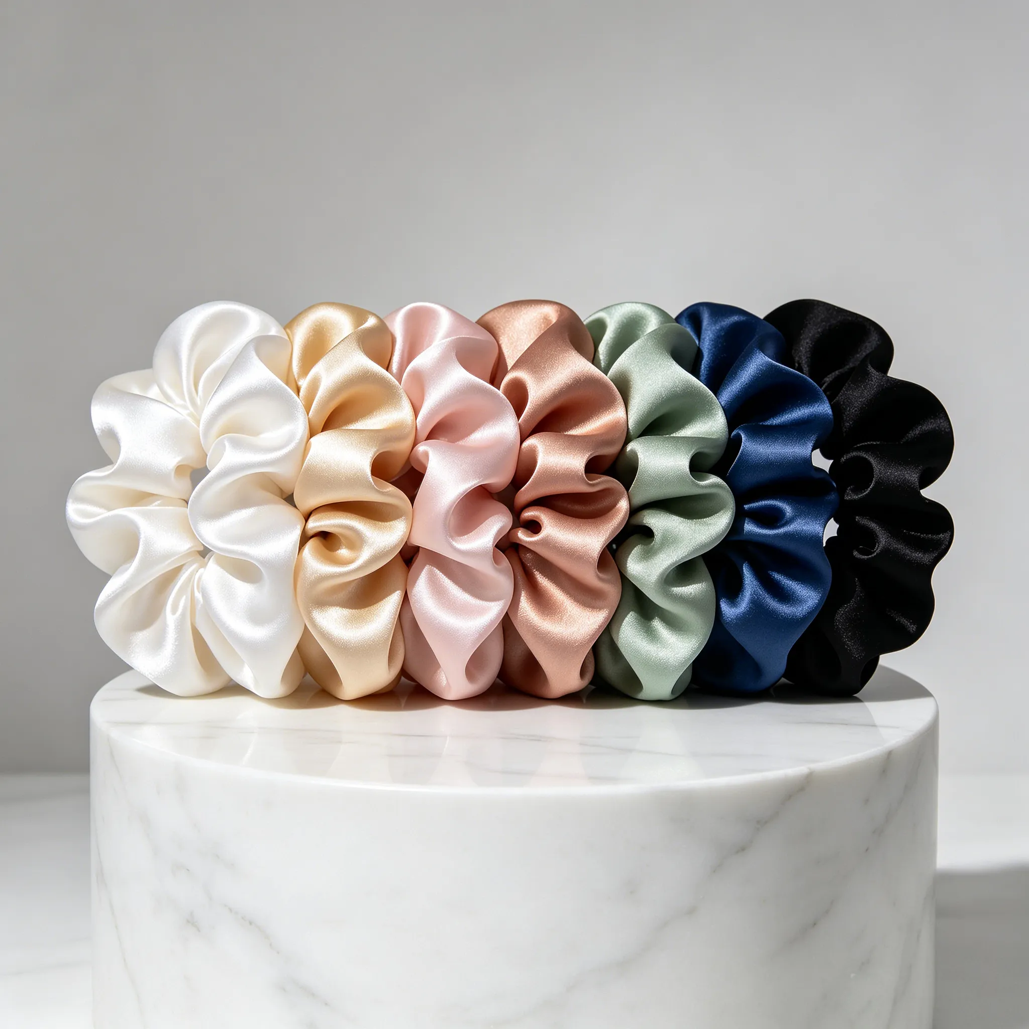 Seven luxury silk scrunchies in 19mm heavy weight arranged in a color gradient from pearl white to classic black on white marble