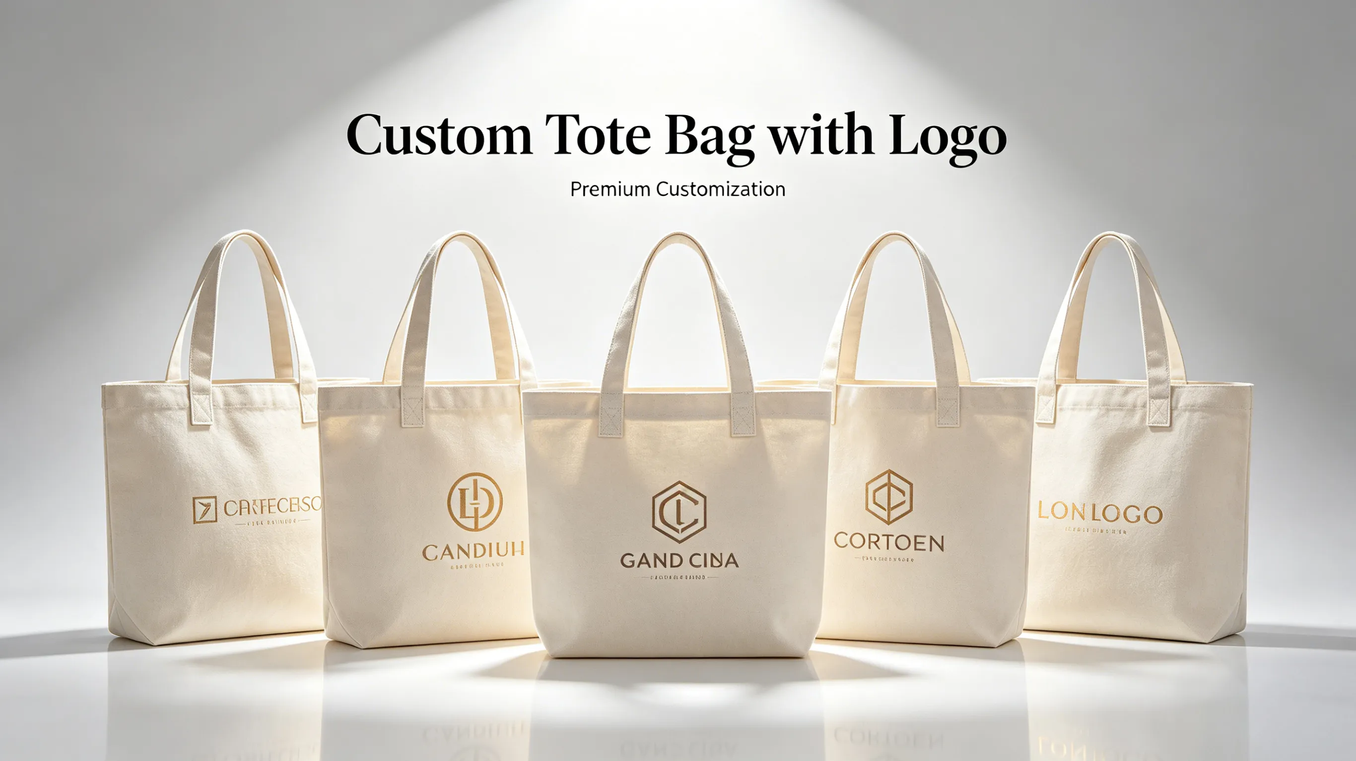 Stack of custom non-woven tote bags under soft lighting