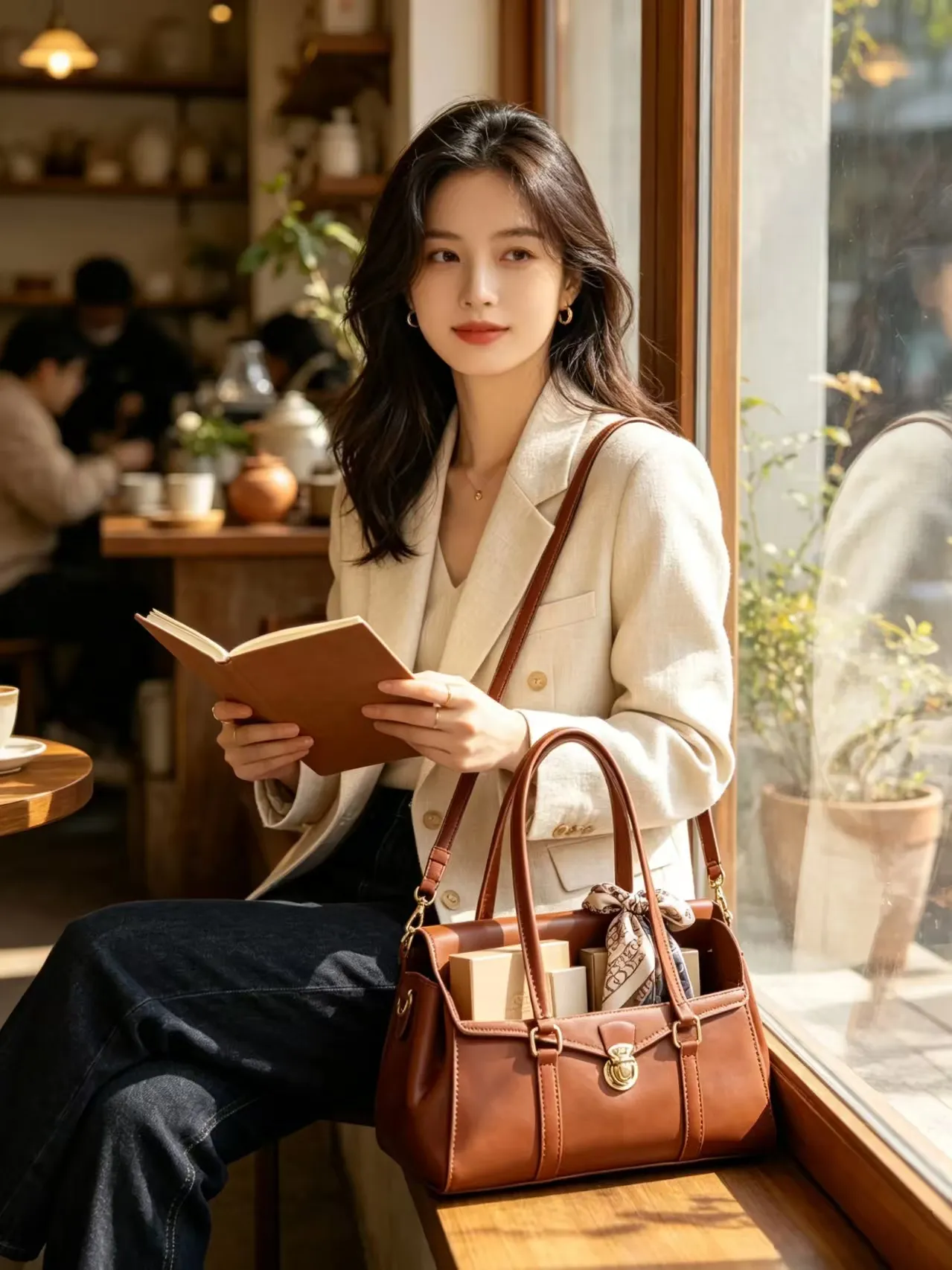 Custom Logo Genuine Leather Tote Bag TB-2411062 — Elegant white-model showcase with coffee leather tote in natural window light