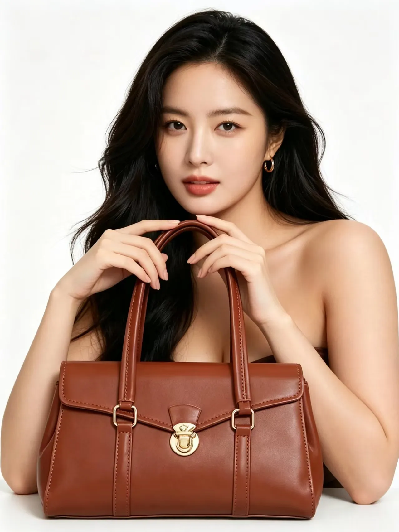 Chinese female model with genuine leather tote bag — shoulder-angle studio shot showcasing TB-2411062 coffee leather