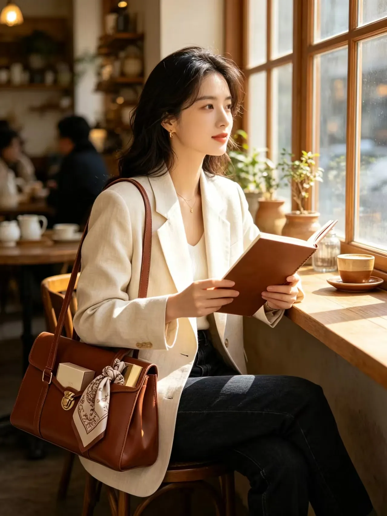 Model seated with genuine leather tote bag — second angle window photography of TB-2411062 coffee leather tote
