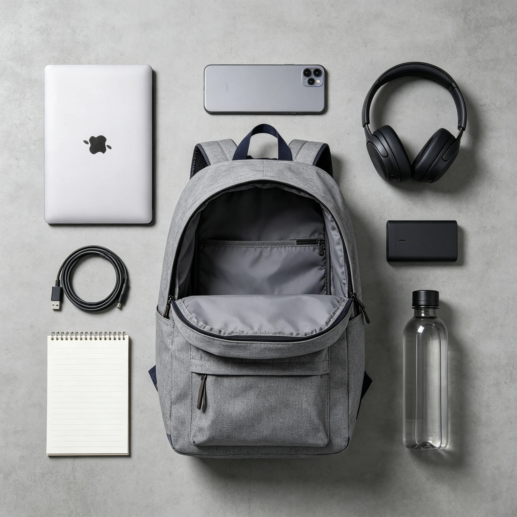 Backpack capacity flat-lay showing internal compartments