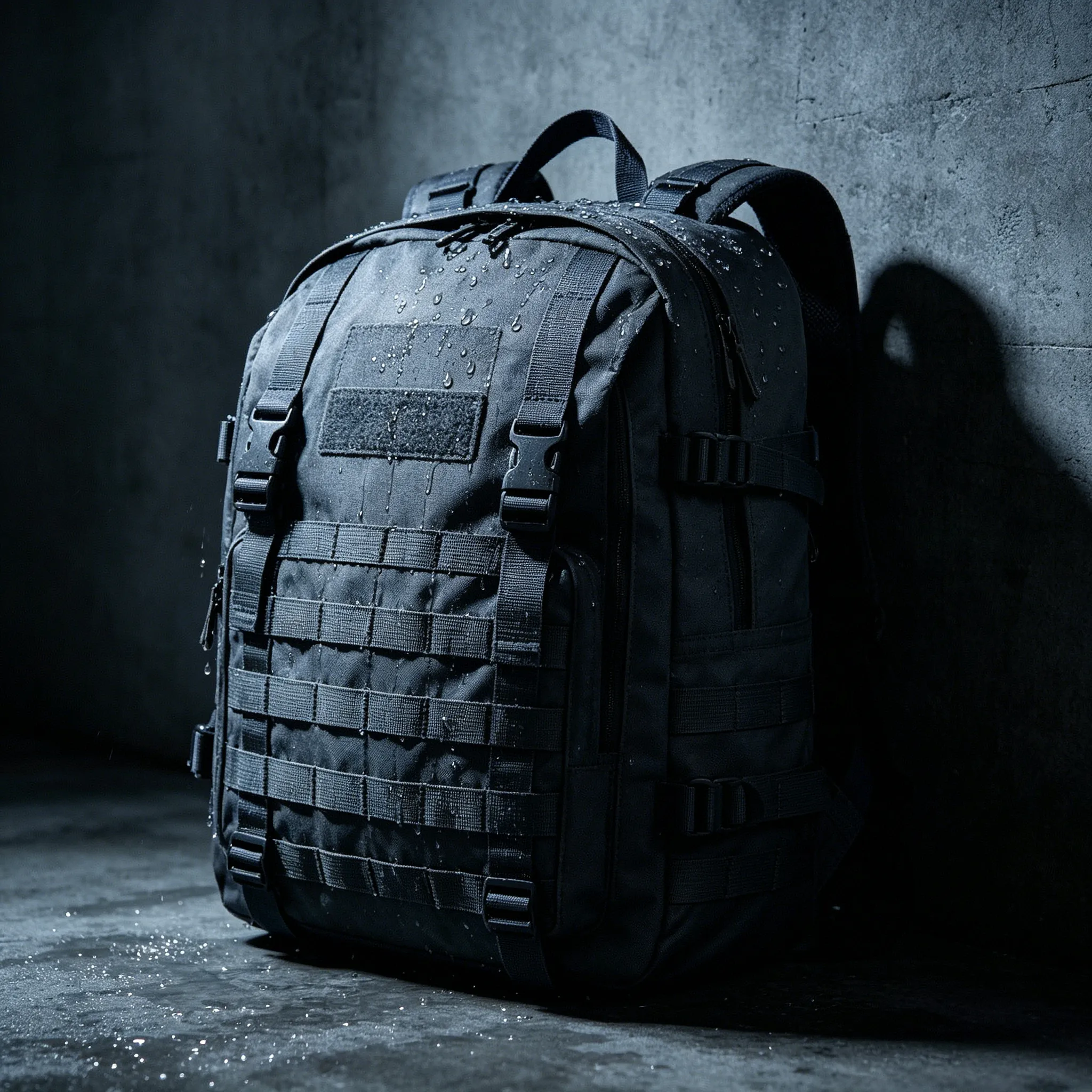 Waterproof backpack product photography showing water-resistant material