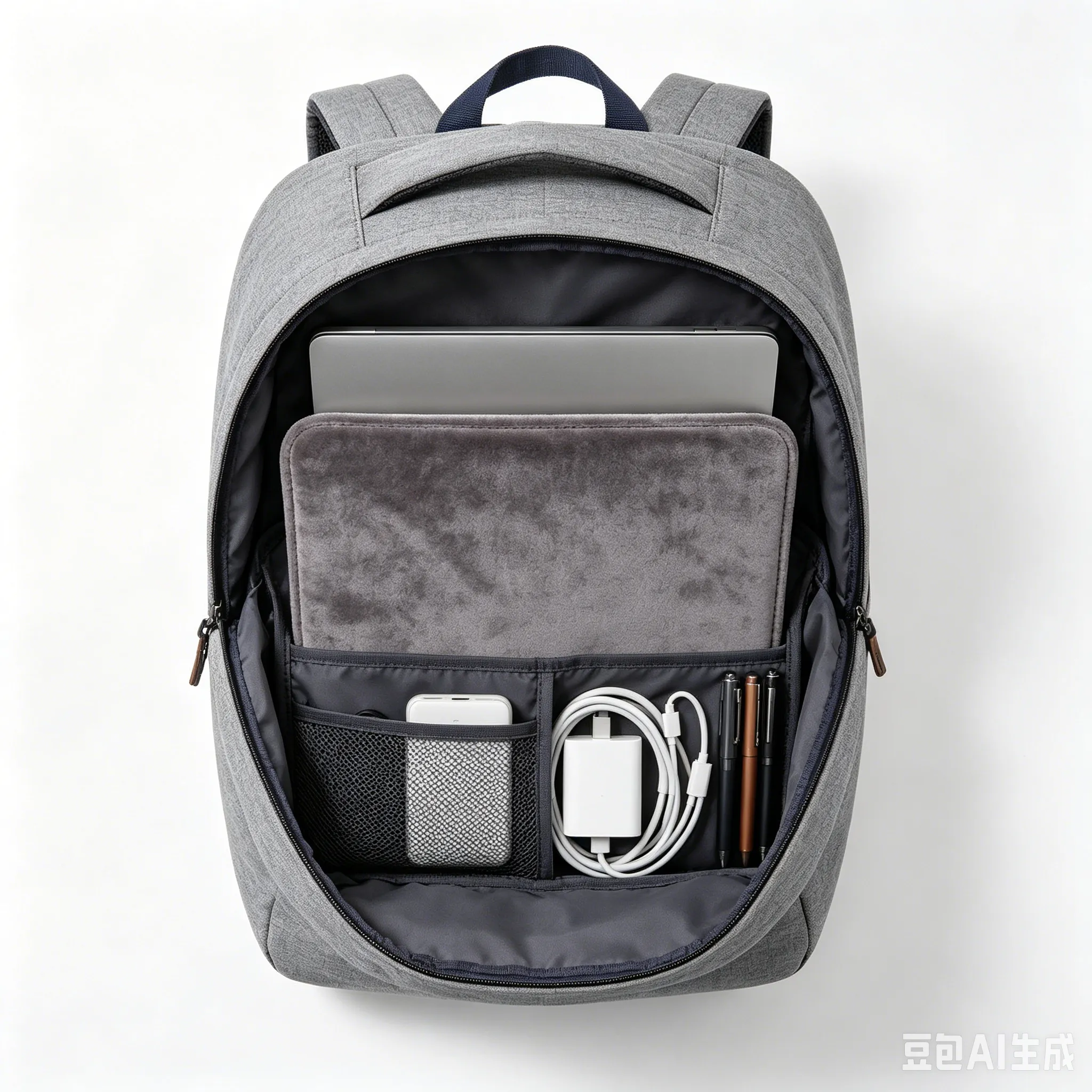 Internal structure of waterproof business backpack — organized compartments for laptops and accessories