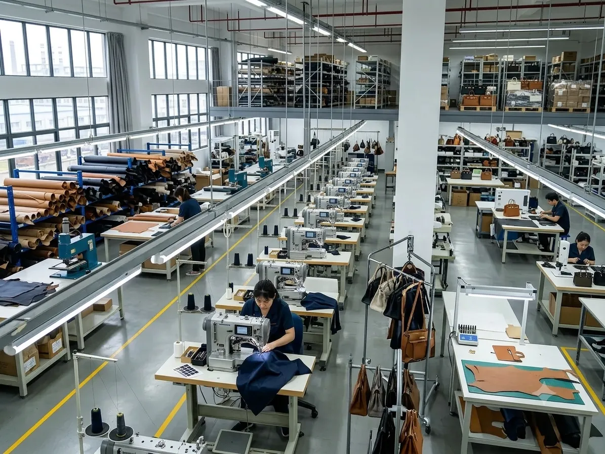 High-end precision handbag manufacturing equipment in a clean, modern workshop