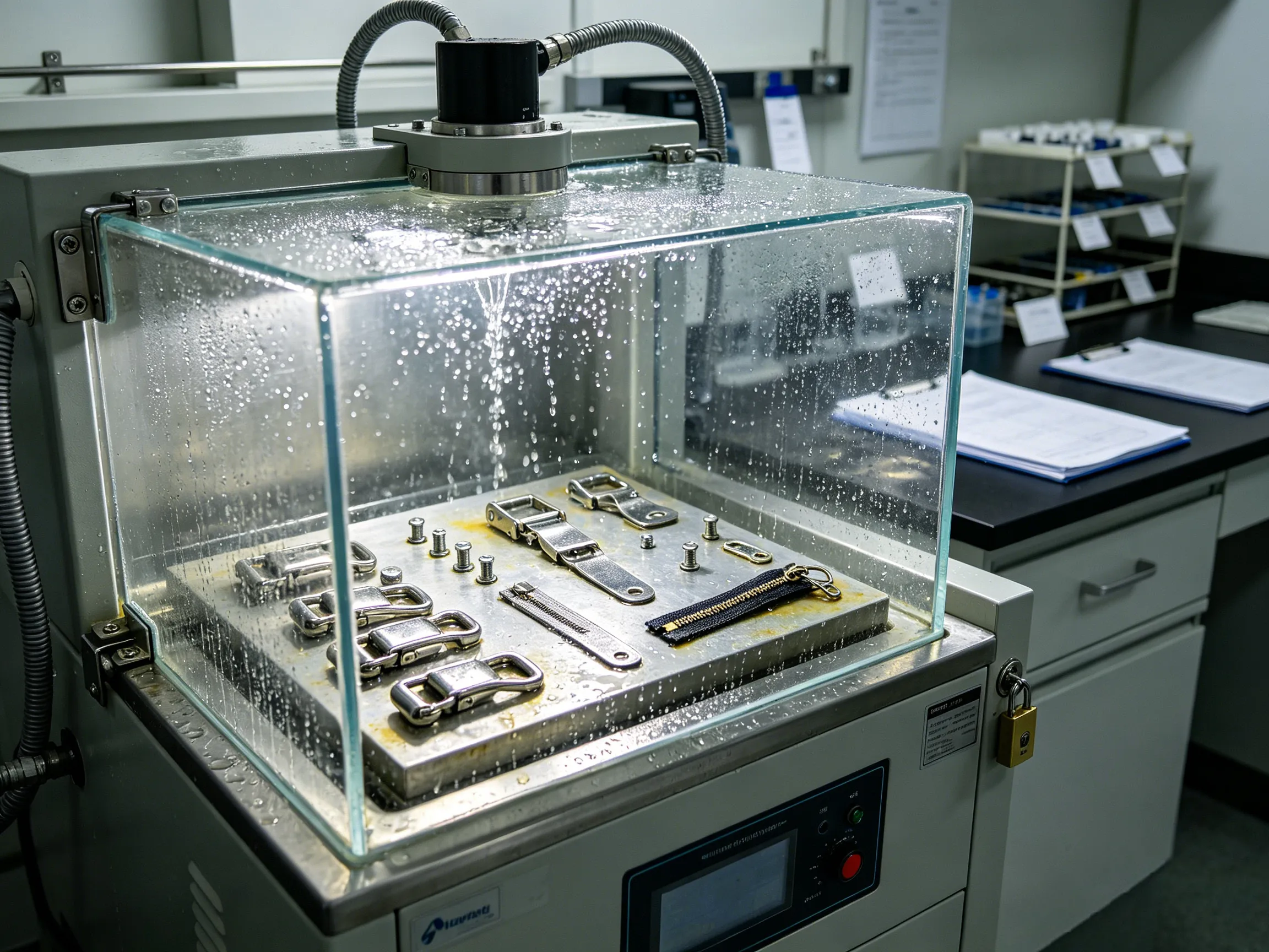Salt spray anti-corrosion testing of metal hardware in laboratory