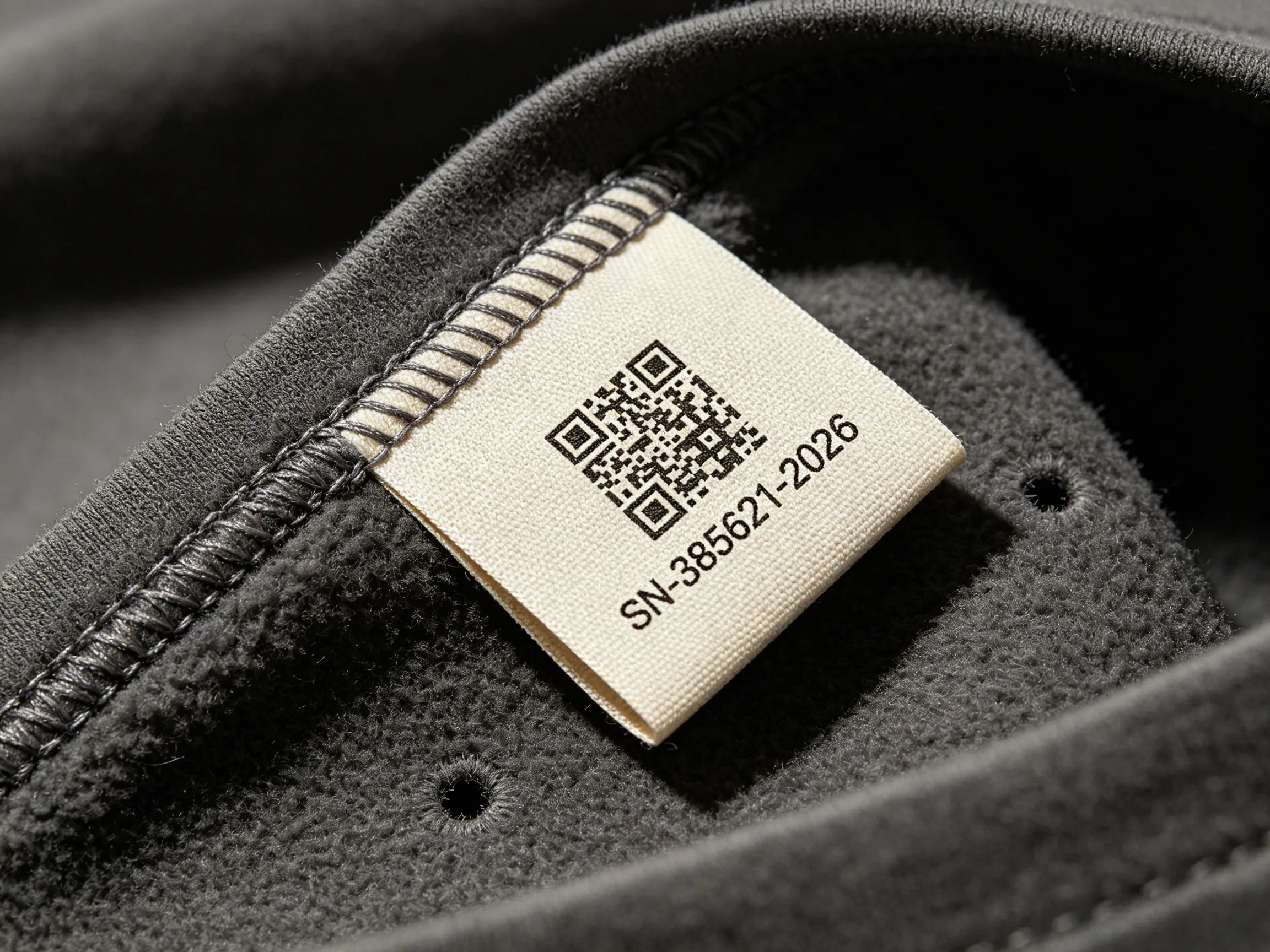 Traceable QR code label with serial number sewn inside the product