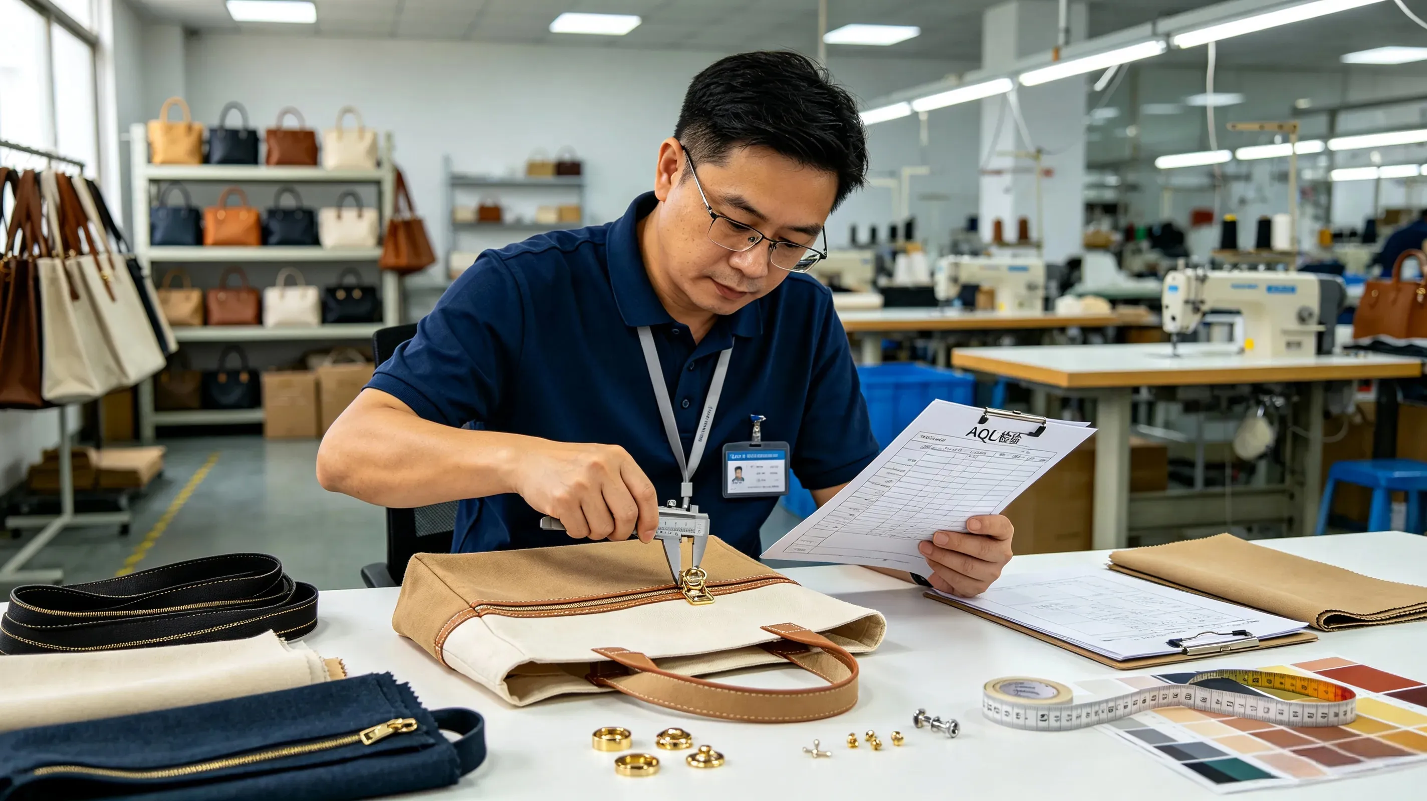 Dreamway QC and Sampling Engineer examining leather handbag prototype