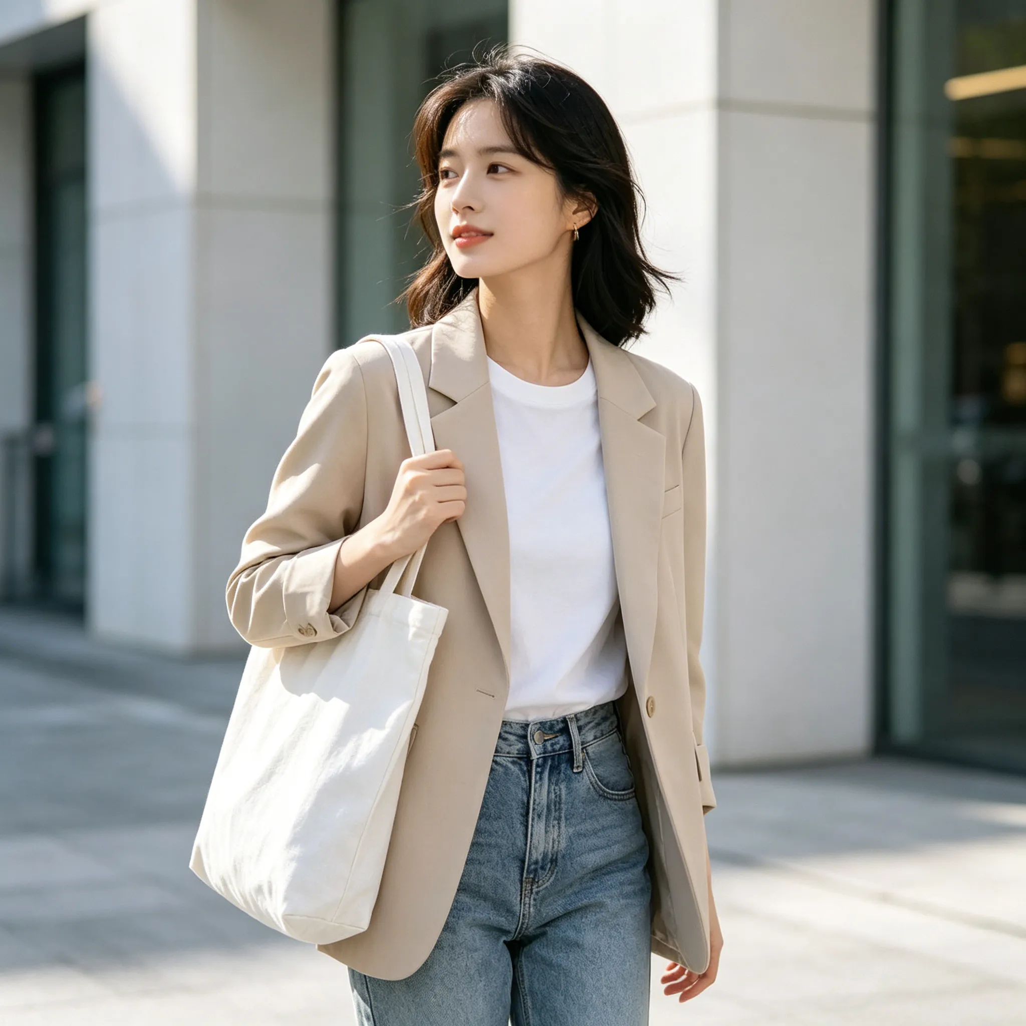 Stylish woman commuting with a white premium custom canvas tote bag — showcasing eco-friendly cotton tote bags in an urban lifestyle setting
