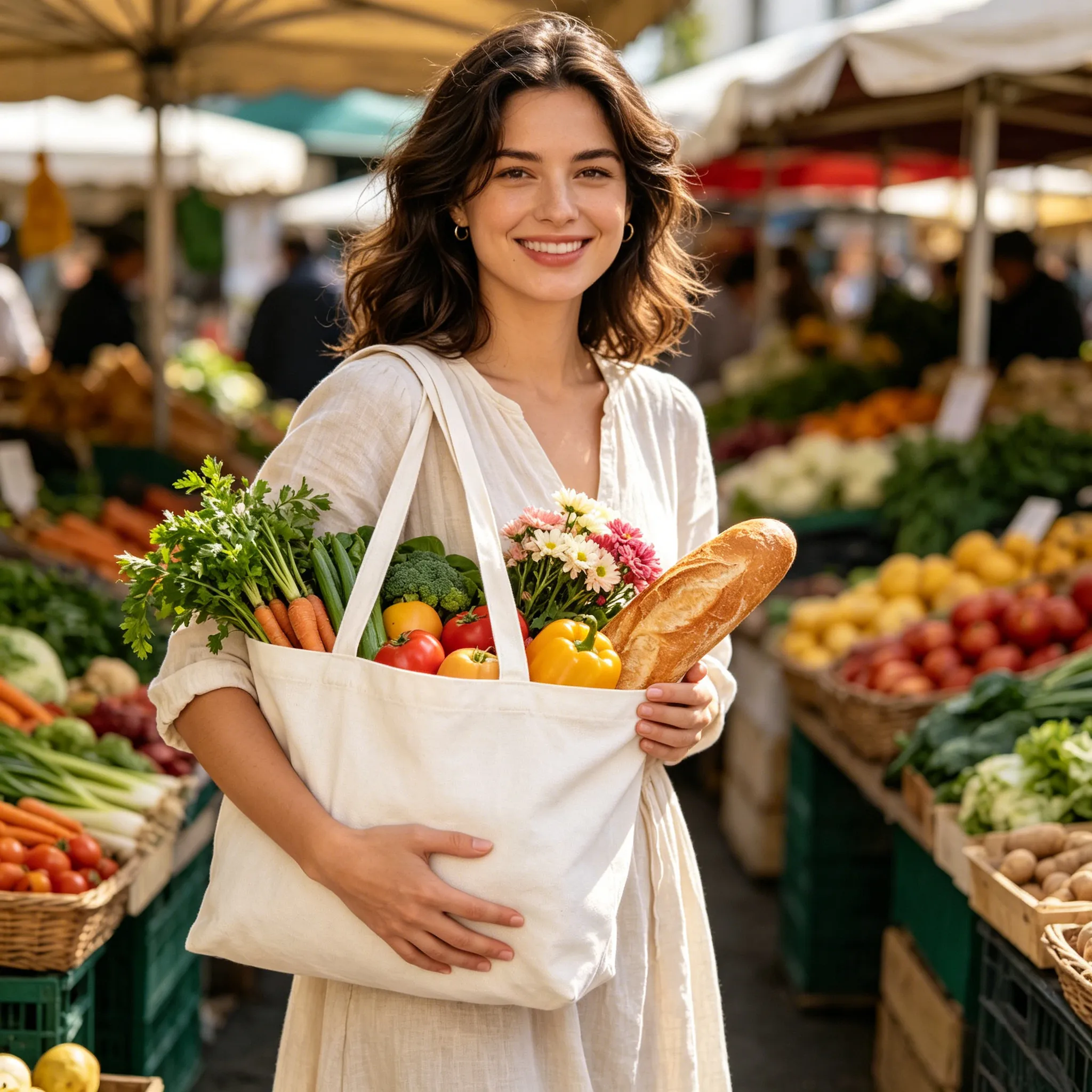 Woman carrying a heavy-duty canvas tote bag filled with fresh produce at a farmers market — reusable shopping tote bag in everyday use