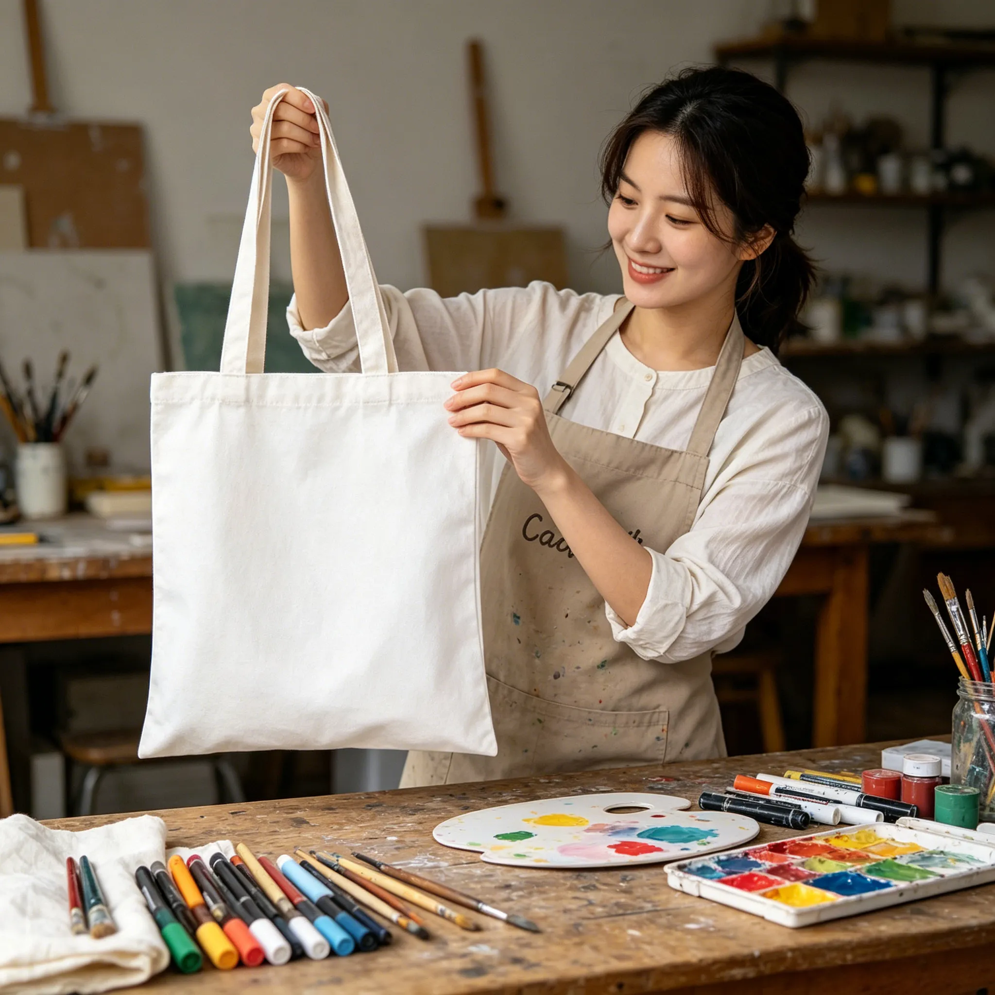 Artist displaying a blank custom canvas tote bag in a creative studio setting — showcasing the clean canvas surface ideal for bespoke cotton canvas bags branding