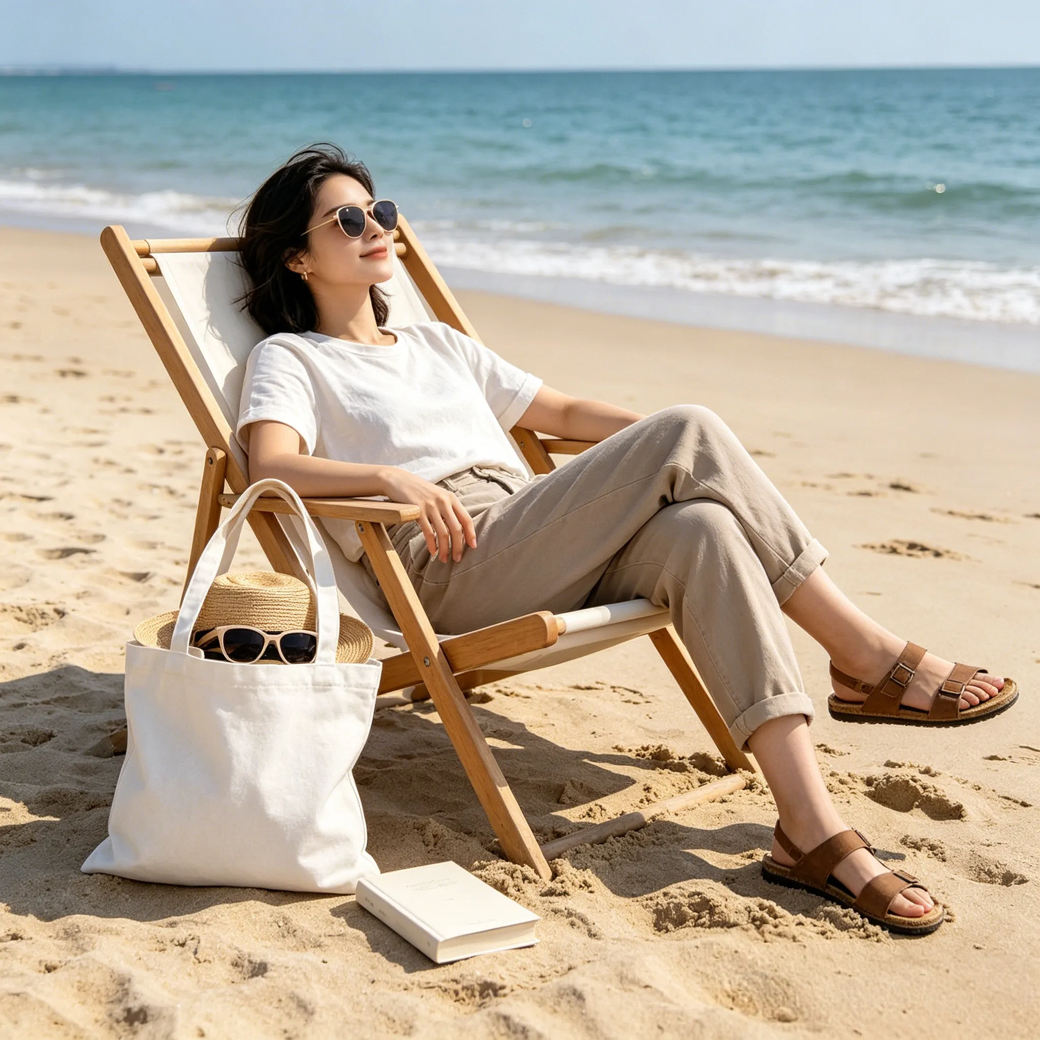 Female traveler relaxing on a beach chair with a white canvas tote bag beside her — bespoke cotton canvas bags for beach and travel lifestyle