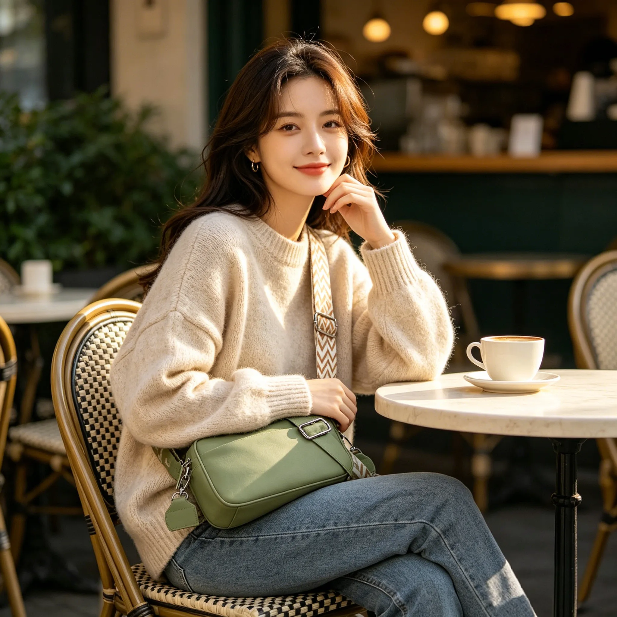 Woman at an outdoor cafe with the Model 63047 custom crossbody bag resting on her lap
