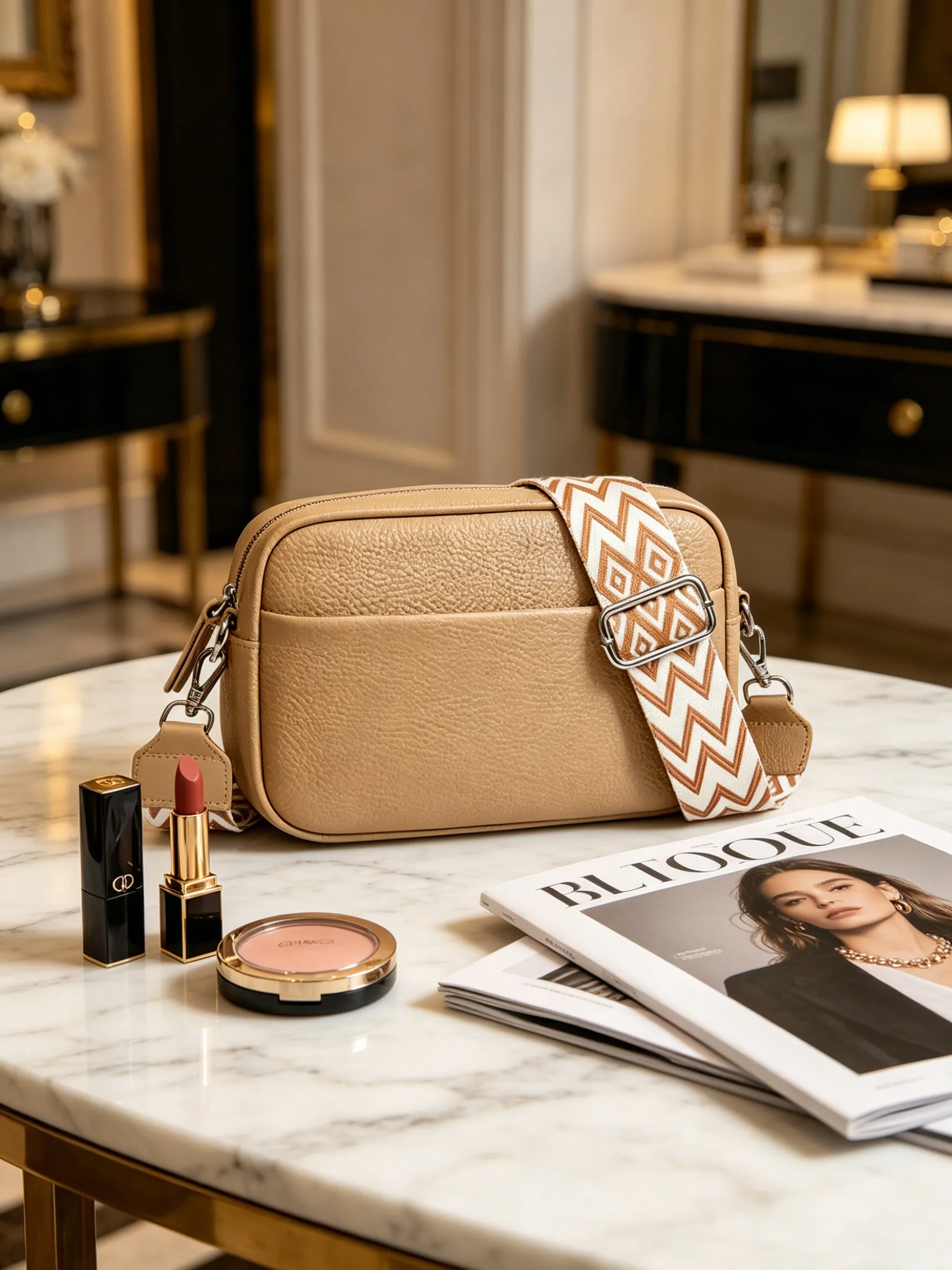 Elegant indoor lifestyle scene featuring the Model 63047 premium minimalist crossbody bag